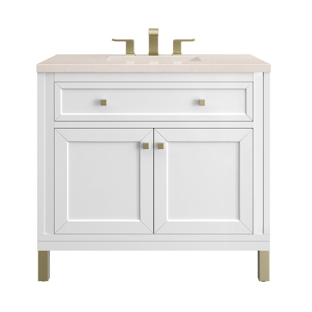 James Martin Vanities Chicago Collection 36 Inch Single Bathroom Vanity in Glossy White with Marble Countertop - Modern Bathroom Furniture for Small Spaces, Perfect for Apartments and Guest Bathrooms