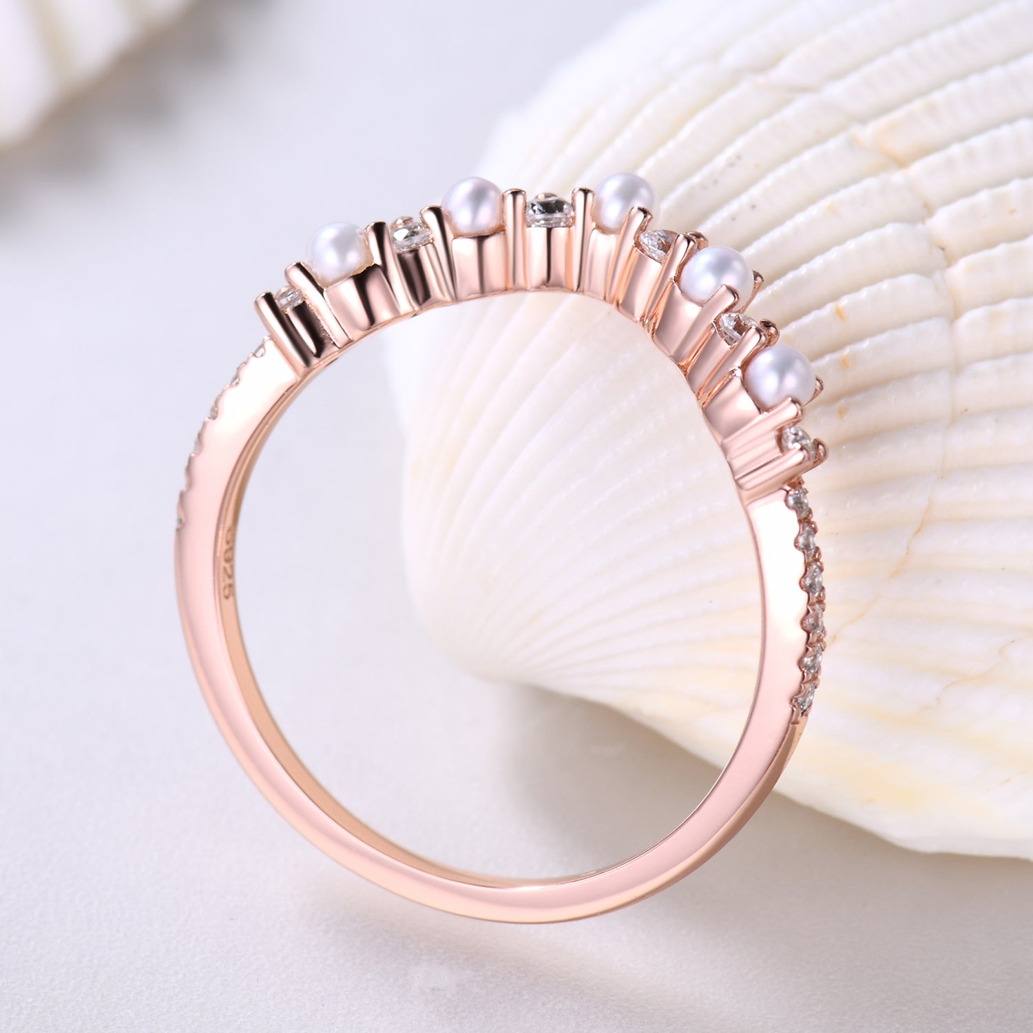 14K Rose Gold Petite V-Shaped Pearl & Diamond Stacking Ring for Women - Elegant Curve Band for Layering, Stacking, and Everyday Wear