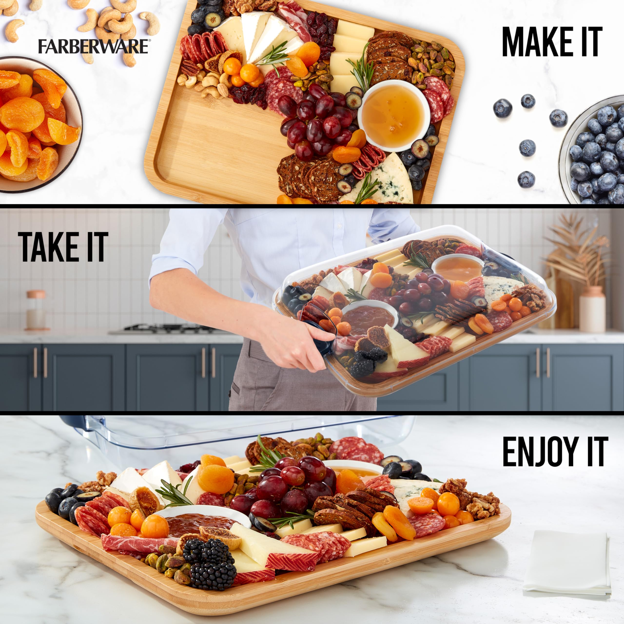 Farberware Bamboo Cutting Board with Built-in Compartments & Locking Lid - Navy Handles - Perfect for Charcuterie, Cheese, Snacks - Ideal for Entertaining, Kitchen Prep & Serving