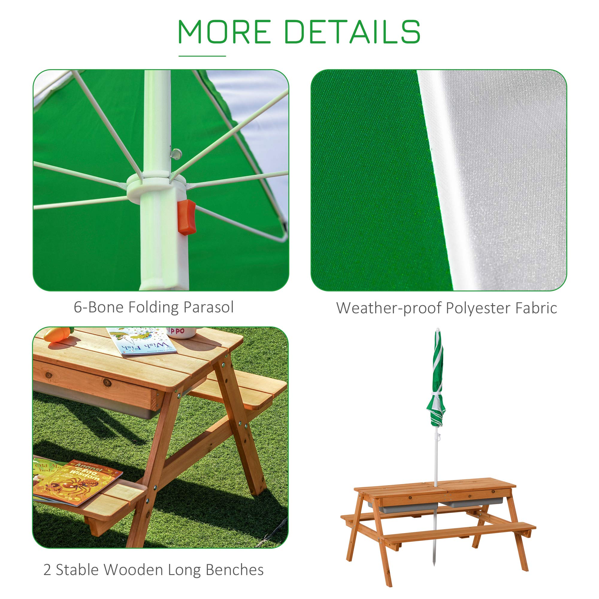 Outsunny Kids Picnic Table with Umbrella & Storage - Sand & Water Play Table - Wooden Outdoor Bench for Garden, Patio, Balcony - Perfect for Backyard Playdates & Summer Activities