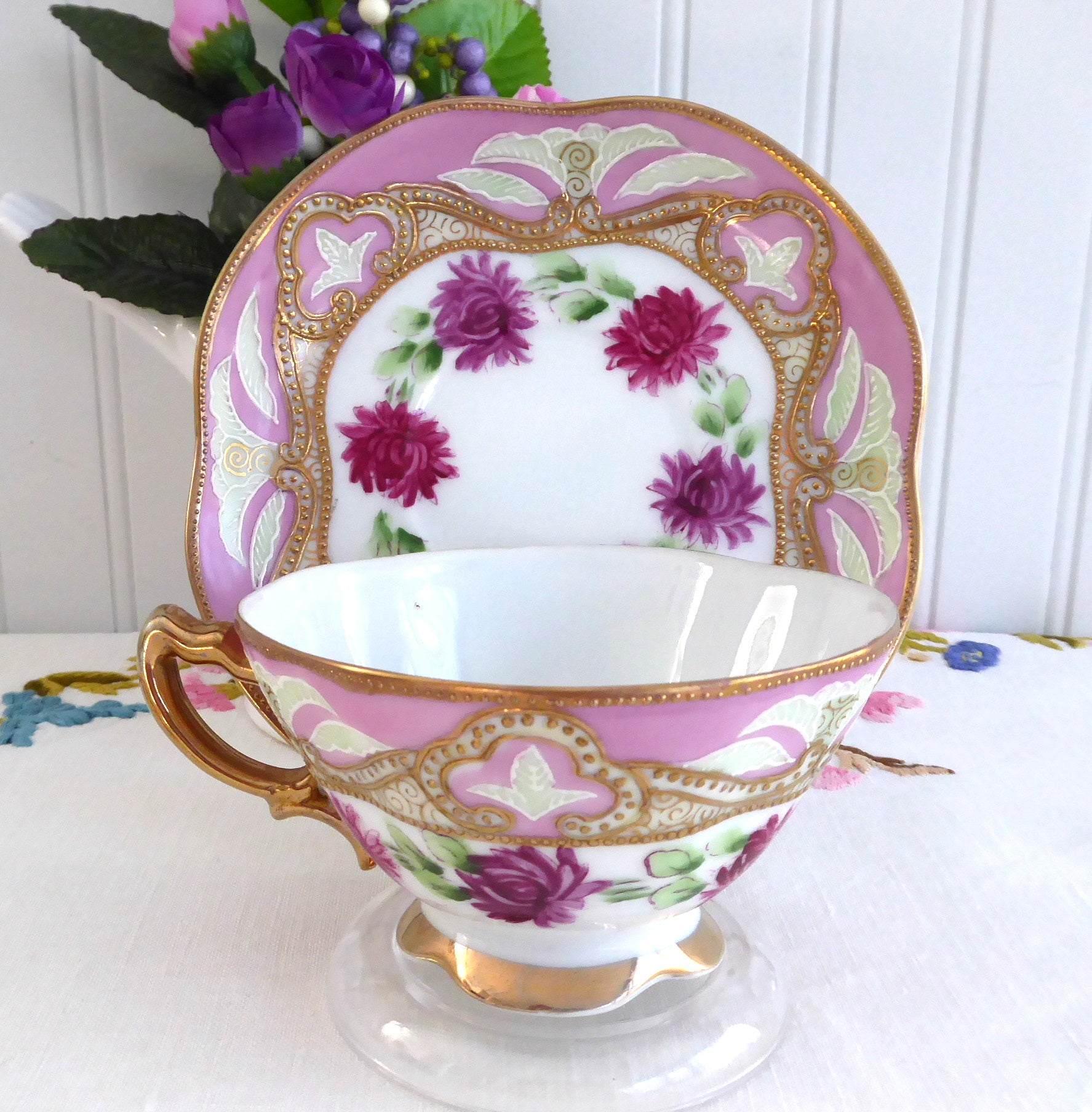 Antique Japanese Moriage Teacup - Hand-Painted Pink & Gold Beaded Design, 1880s Vintage Collectible | Perfect for Tea Ceremonies, Home Decor & Gift Giving