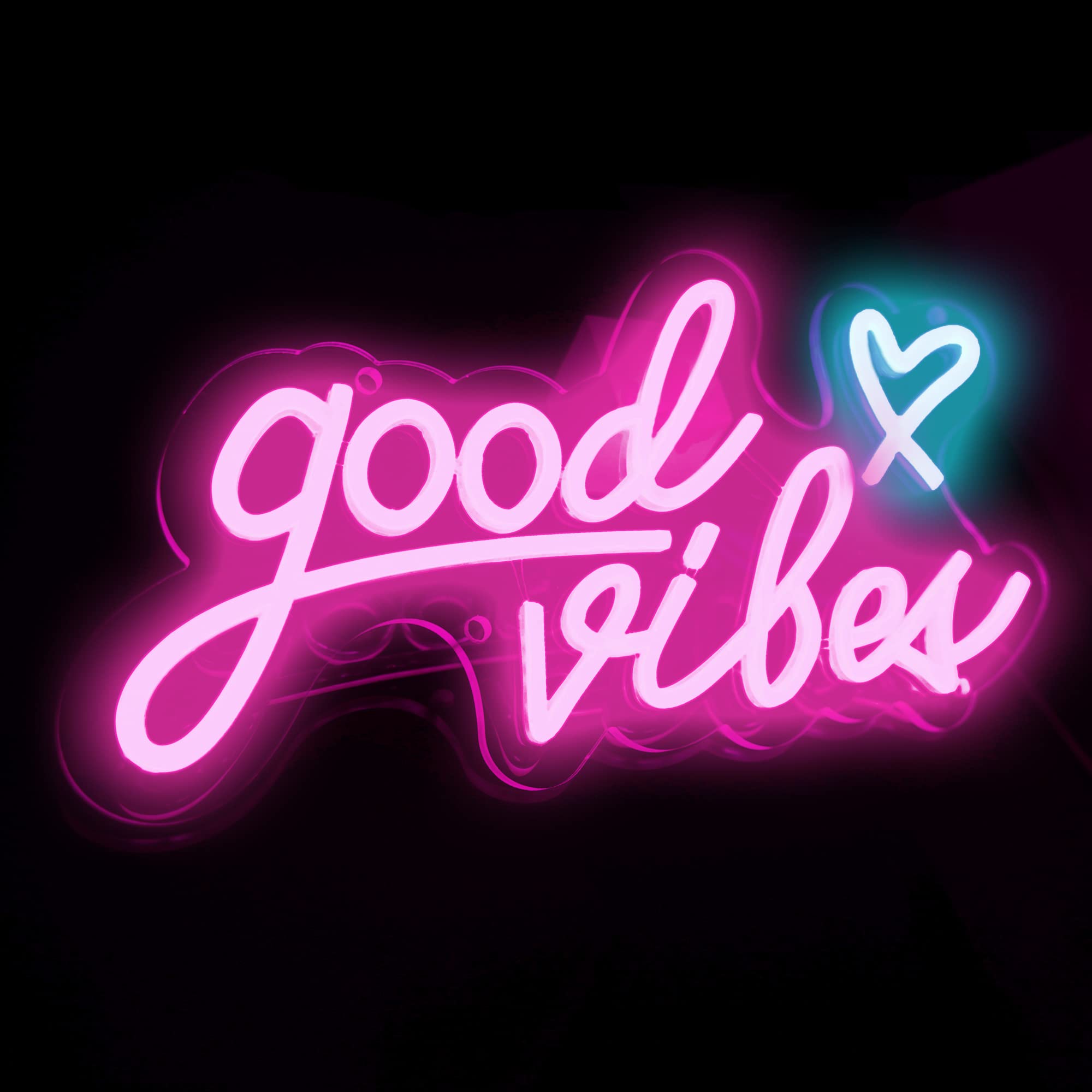 Pink Good Vibes with Ice Blue Heart Neon Sign - USB Powered Wall Decor for Bedroom, Dorm, Kids Room, Wedding & Party - Perfect Gift for Teens, Family & Couples - Ideal for Home, Bar & Event Lighting