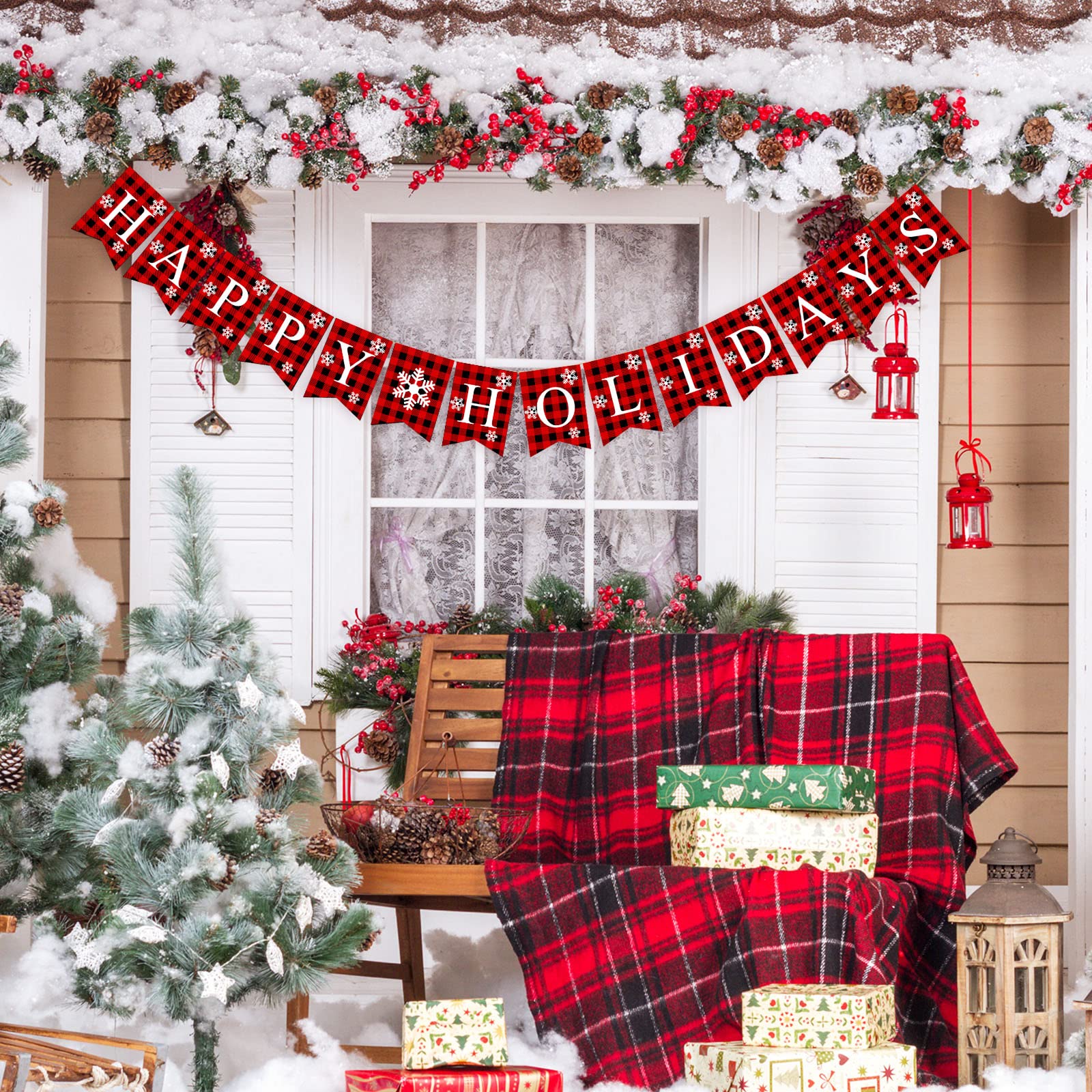 Plaid Happy Holidays Banner - Rustic Burlap Christmas Bunting for Wall & Fireplace Decor - Perfect for Holiday Parties, Home & Office Christmas Decorations