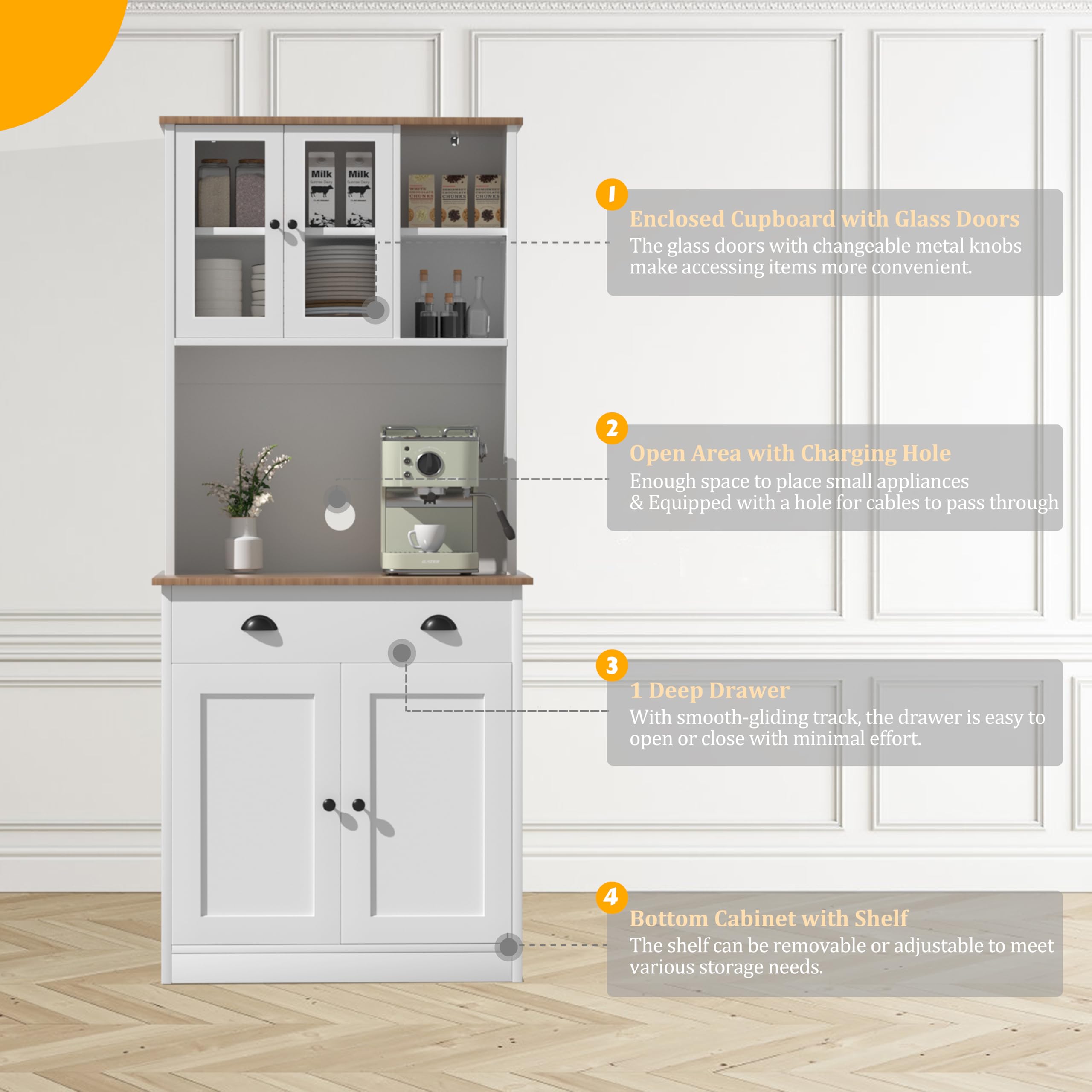 VEIKOU 72 Inch White Kitchen Pantry Cabinet with Microwave Shelf - Freestanding Storage Cabinet with Glass Doors, Adjustable Shelves & Upgraded Metal Hinges - Perfect for Small Kitchen Organization & Dining Room Storage