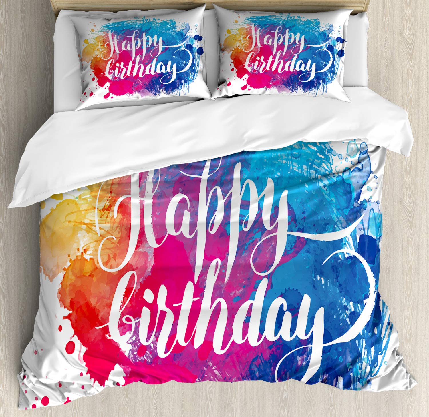 Ambesonne Watercolor Splash Painting Duvet Cover Set - California King 3-Piece Bedding with 2 Pillow Shams, Birthday Message Art Print, Multicolor | Perfect for Birthday Gifts, Bedroom Decor & Guest Room Styling