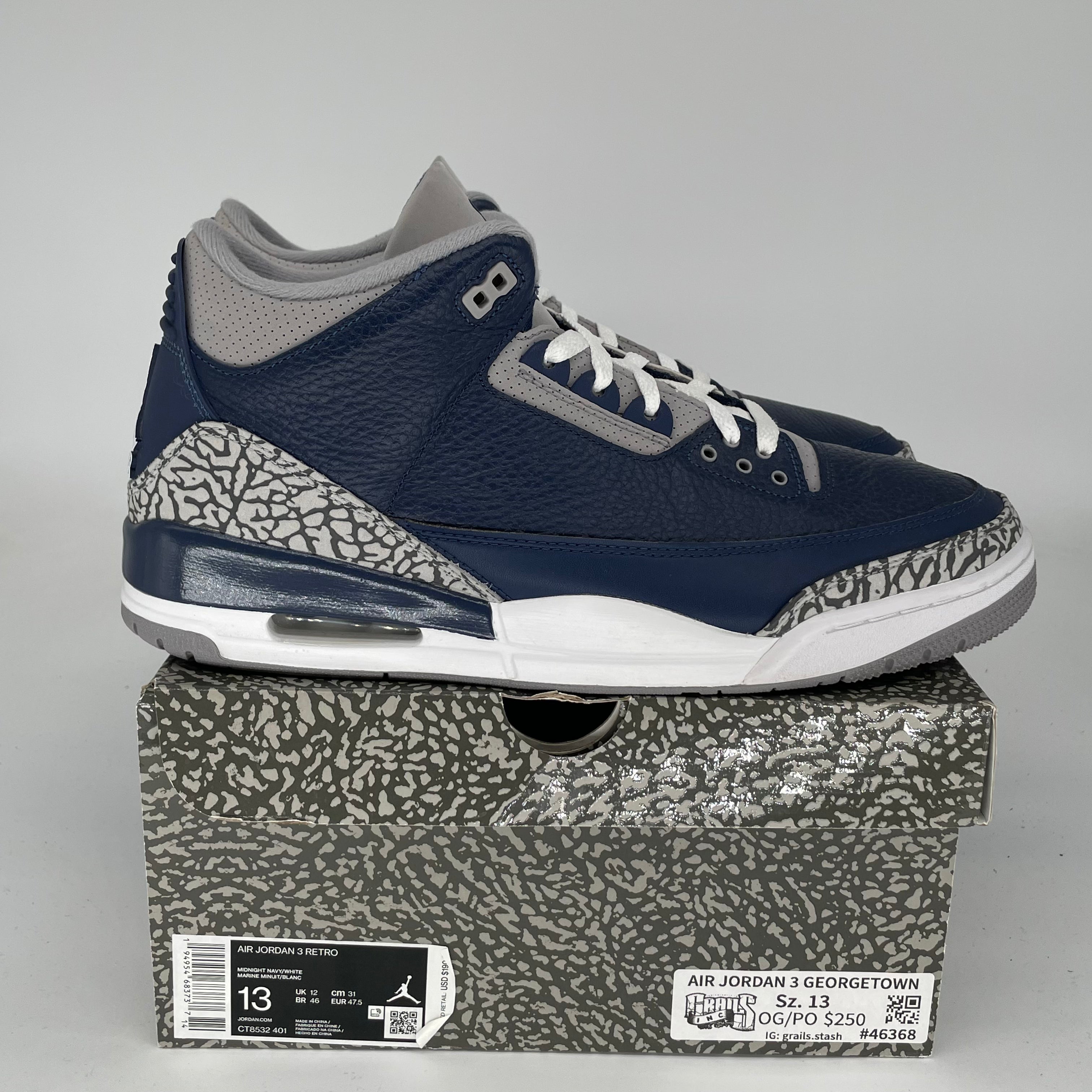 AIR JORDAN 3 GEORGETOWN Retro Basketball Shoes Men's Size 13 - White/Blue/Gray CT8532-401 | Authentic Sneakers for Casual Wear & Street Style