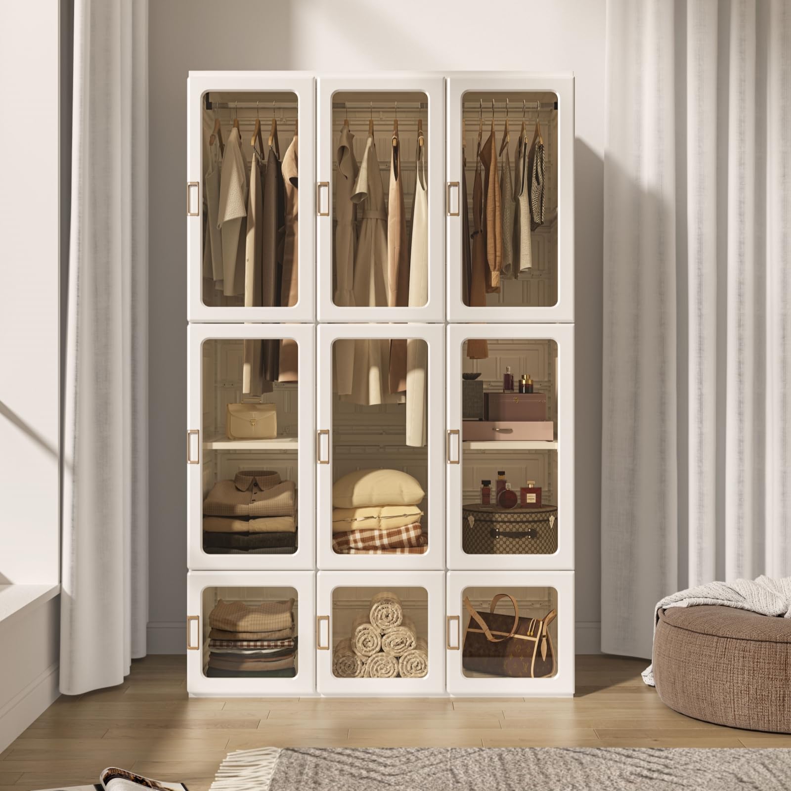 Portable Wardrobe Closet Organizer with Transparent Door Panels & Magnetic Closure - Easy Assembly Plastic Clothes Storage for Bedroom, Living Room, Dorm | Perfect for Seasonal Clothes Storage, Guest Room Organization & Small Space Solution (3 Hanging Rods)