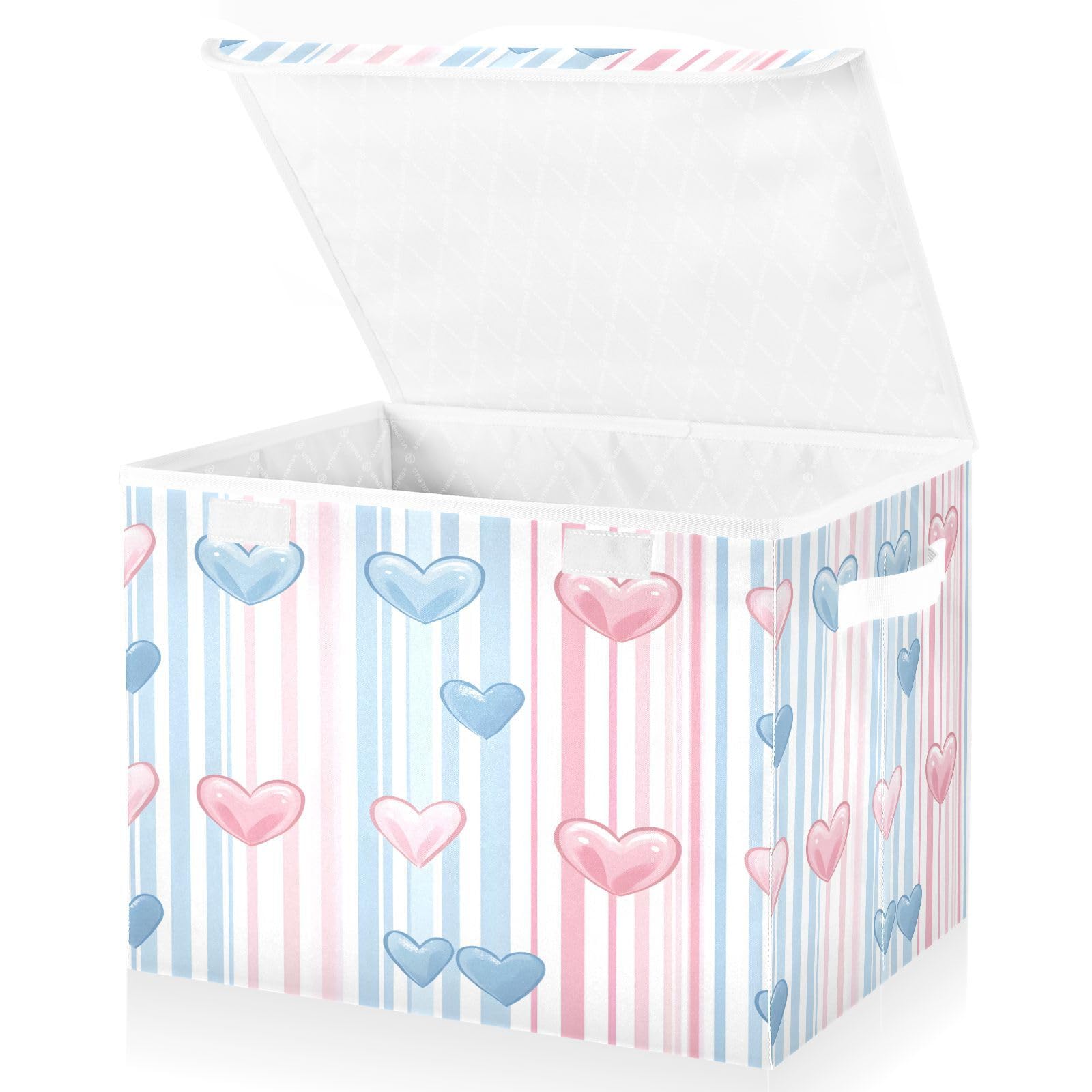 Valentine's Day Collapsible Storage Baskets with Lids - Striped Blue & Pink Heart Design Organizing Bins for Clothes, Toys & Home Decor | Perfect for Bedroom, Nursery & Gift Organization