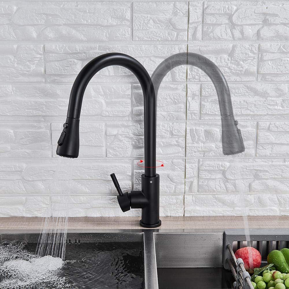 Matt Black Kitchen Faucet with Pull-Out Sprayer - Single Handle Mixer Tap for Sink, 360° Swivel Spout, Hot & Cold Water Control - Perfect for Modern Kitchens & Dishwashing