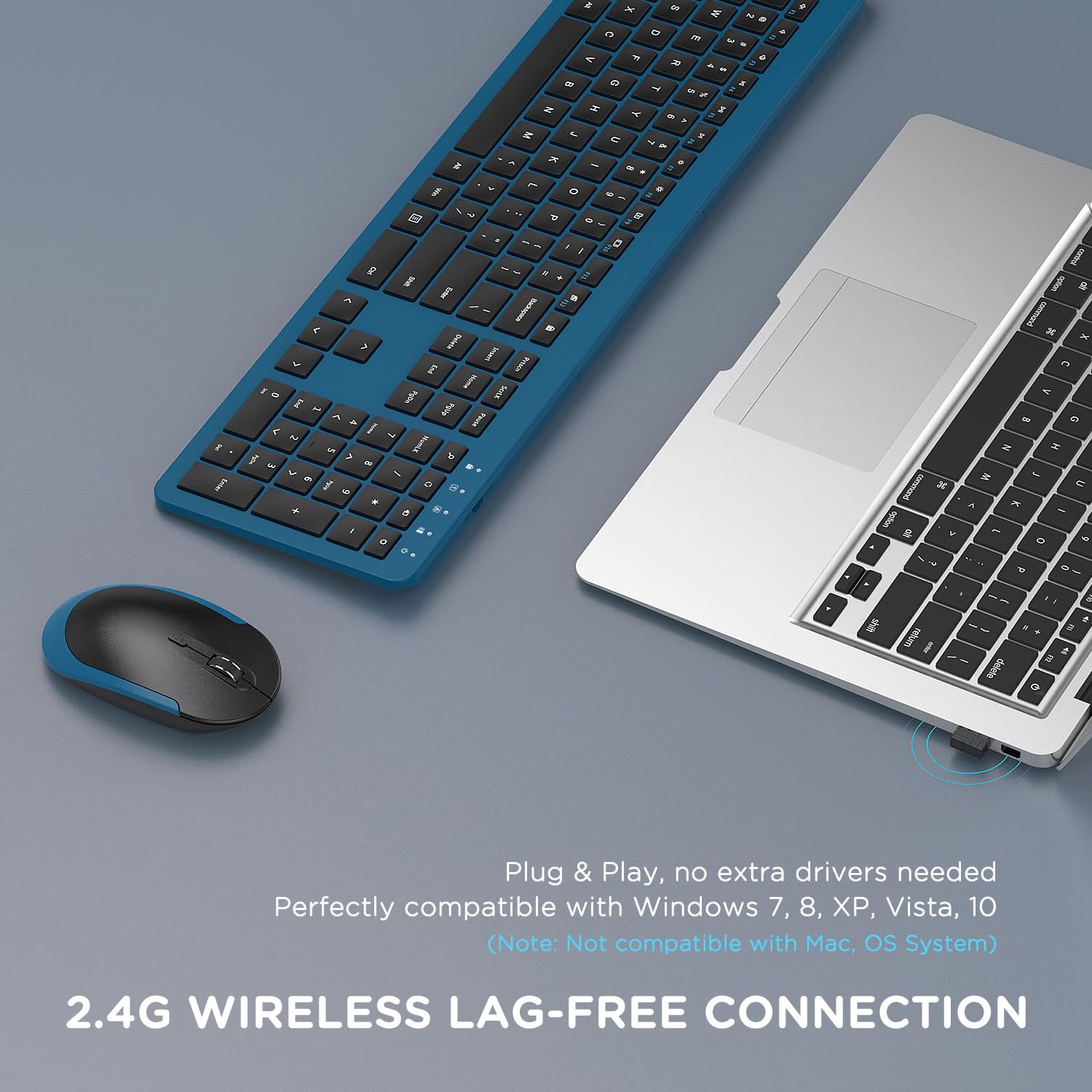 Wireless Keyboard and Mouse Combo - Full Size Slim 2.4G Wireless Keyboard with Numeric Keypad & Adjustable DPI Mouse for PC, Laptop, Office, Home (Dark Blue) | Ergonomic Design for Comfortable Typing & Gaming