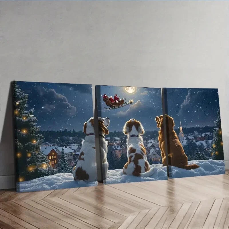 3-Piece Santa Claus Dog Wall Art Set - Framed Canvas Prints 50x70cm - High Quality Australian Made - Ready to Hang - Perfect for Living Room, Bedroom & Pet Lover Home Decor