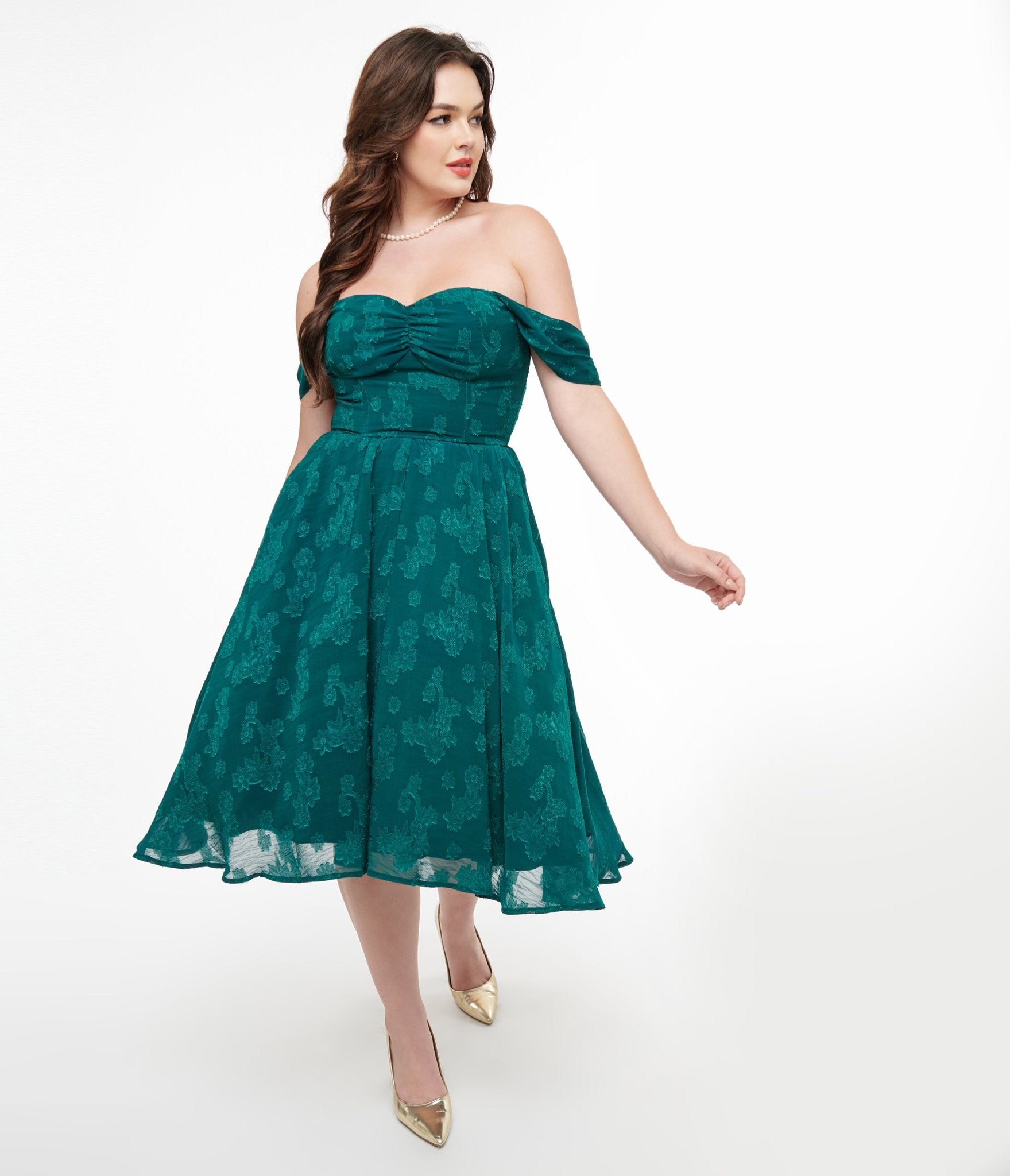 Vintage 1950s Teal Jacquard Off Shoulder Flare Dress - Retro Swing Dress for Cocktail Parties, Weddings & Special Occasions