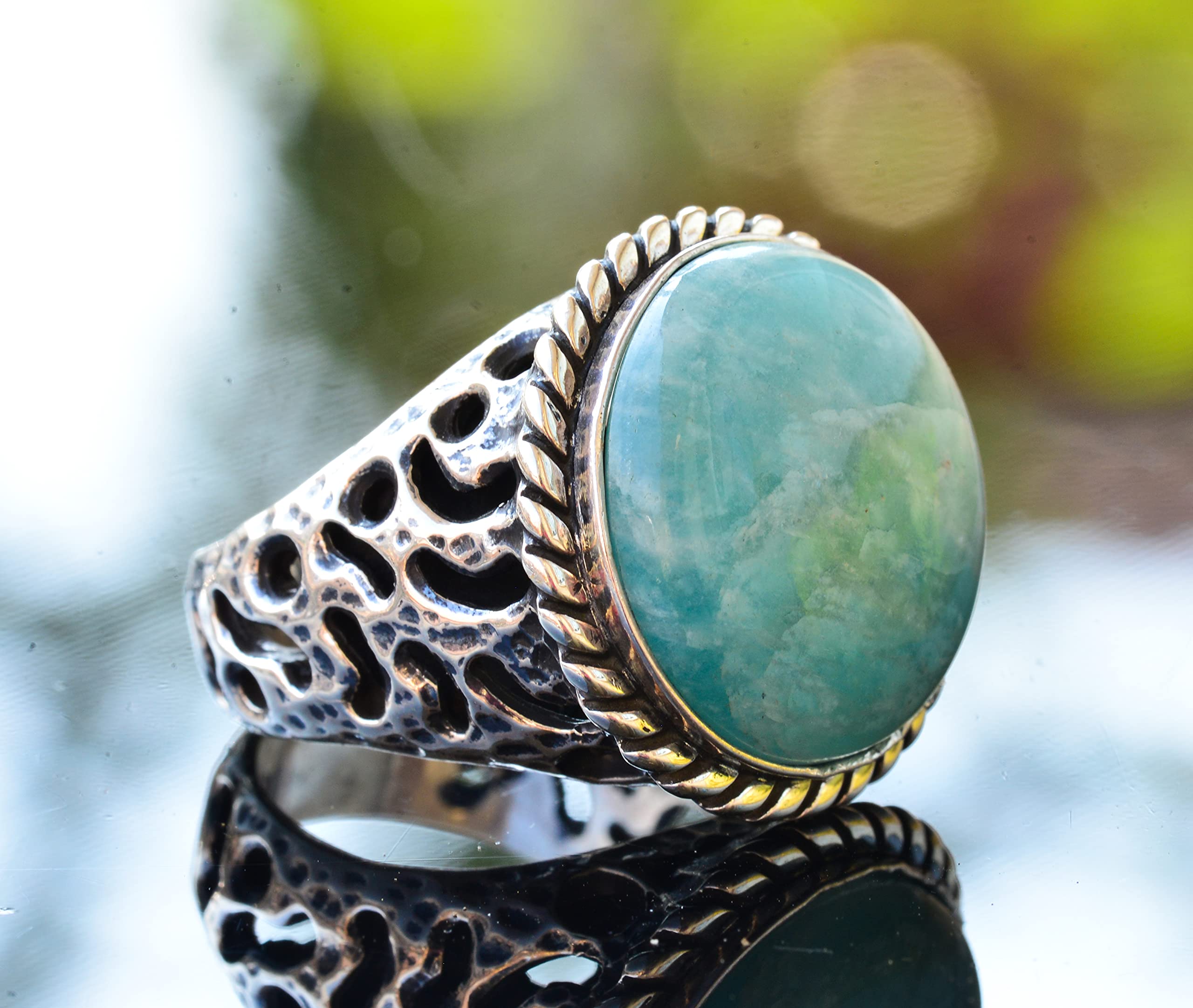 Natural Amazonite Round Gemstone Ring for Men - Sterling Silver Adjustable Band - Healing Crystal Jewelry for Meditation, Yoga & Spiritual Gifts
