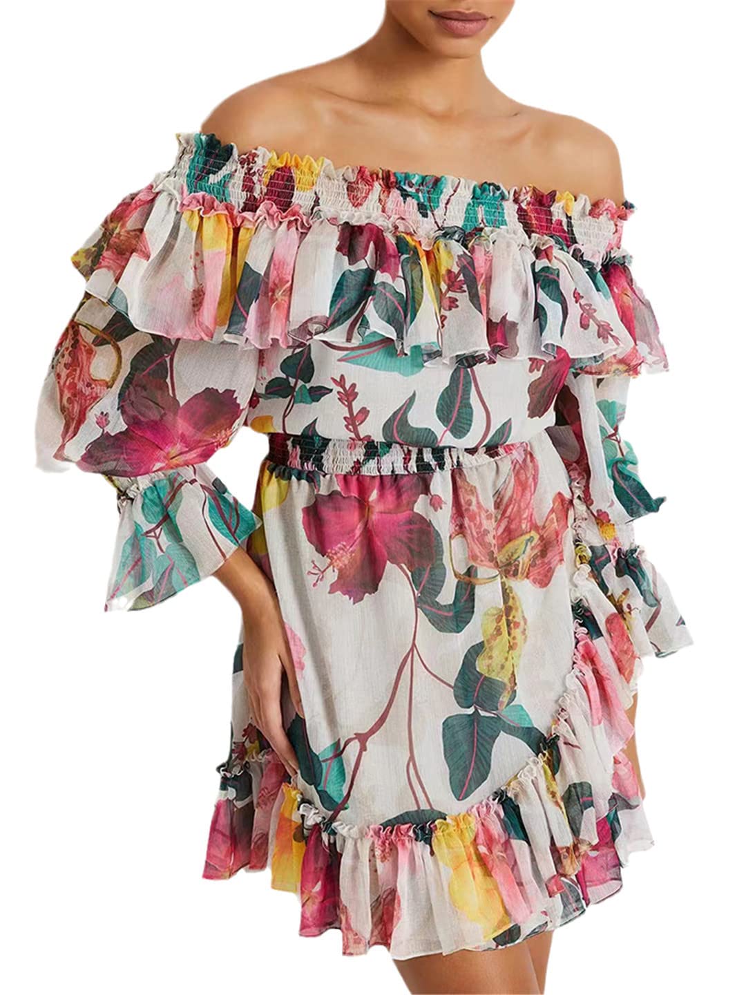 Women's Spring Summer Print Colorblock Mini Dress - Slash Neck Long Sleeve Patchwork Ruffle High Waist Dress | Perfect for Beach Vacations, Date Nights & Summer Parties