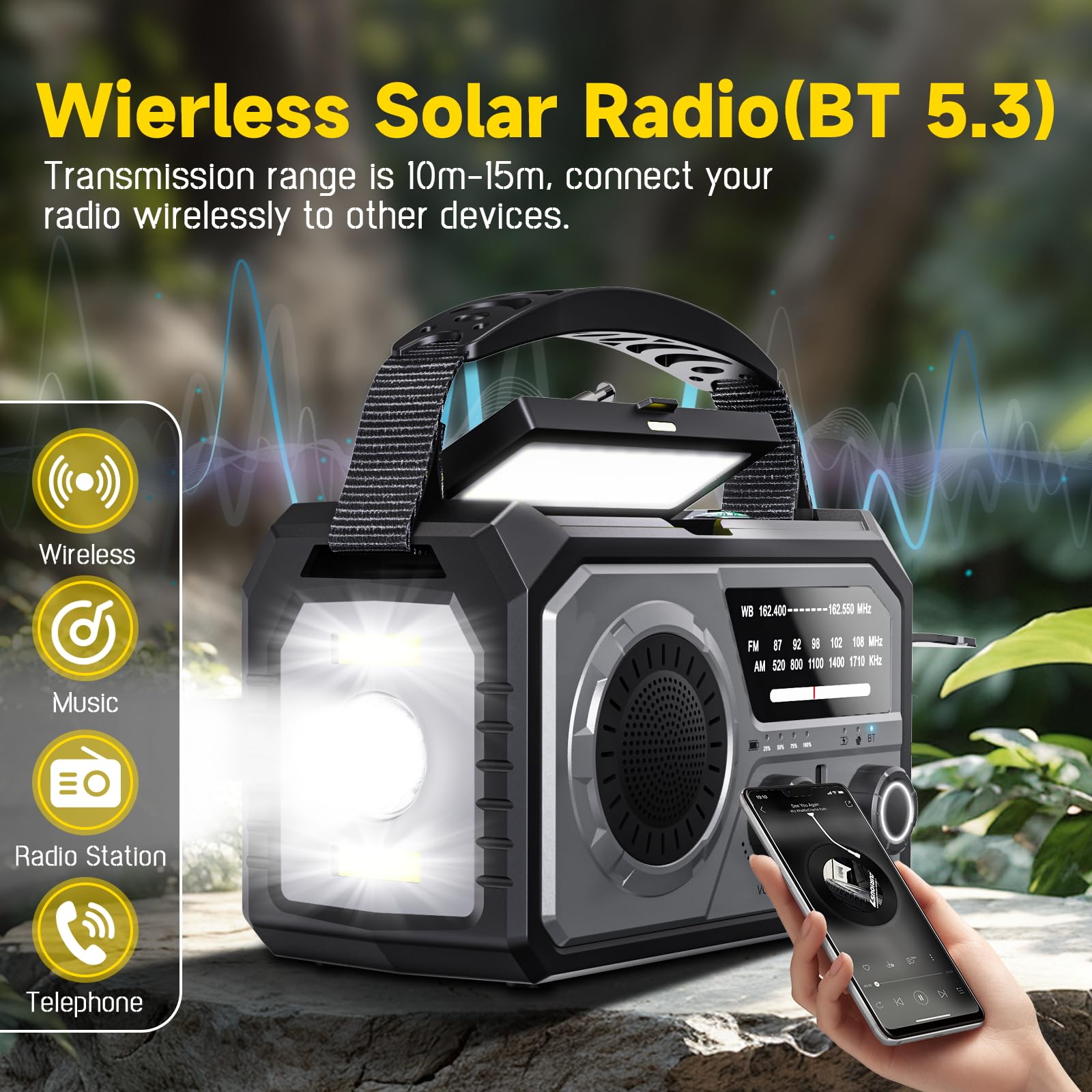 59200mWh Solar Emergency Radio - 16000mAh Portable NOAA Weather Radio with Hand Crank, USB Charger, SOS Alarm, Flashlight & Reading Lamp for Outdoor Camping, Hiking, Storms and Emergency Survival Kits