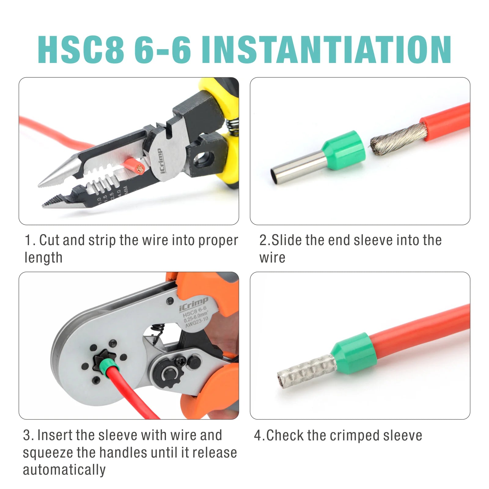 HSC8 6 6 Self-Adjusting Ferrule Crimper Tool for AWG23-10 Bootlace Ferrules - Perfect for Electrical Wiring, DIY Projects, and Professional Installations