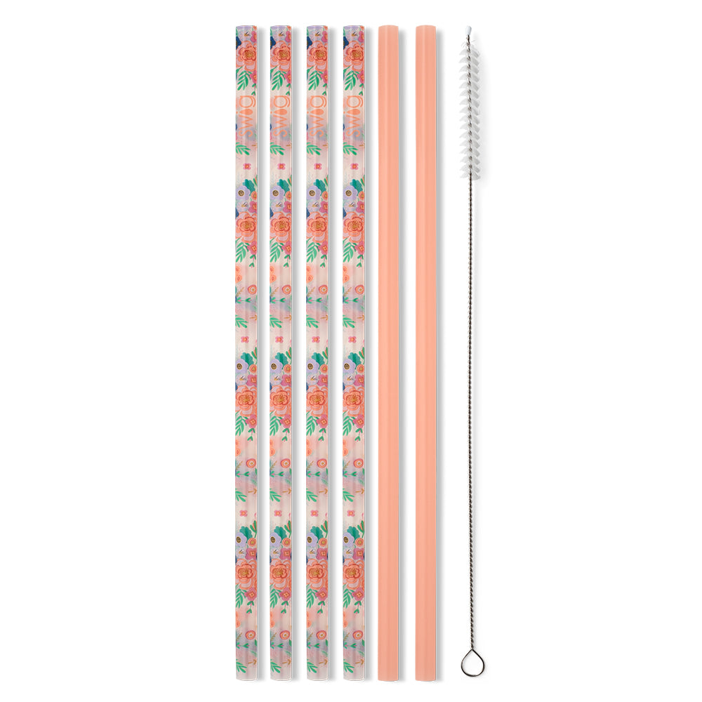 Eco-Friendly Full Bloom & Coral Reusable Straw Set - 4 Pack BPA-Free Stainless Steel Drinking Straws with Cleaning Brush for Smoothies, Iced Coffee & Cocktails at Home or Travel
