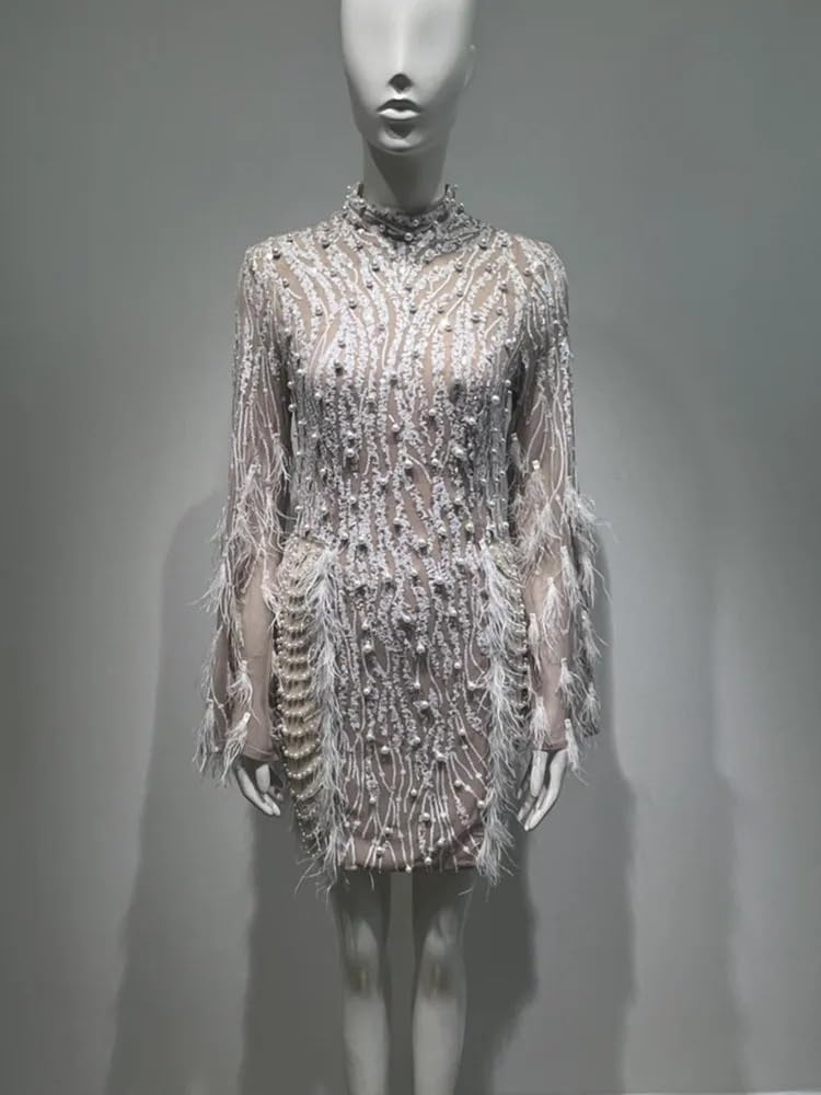 Elegant Women's Long Sleeve Feather Lace Bodycon Mini Dress for Evening Party, Birthday, Cocktail & Clubwear - Perfect for Night Out, Date Night & Special Occasions