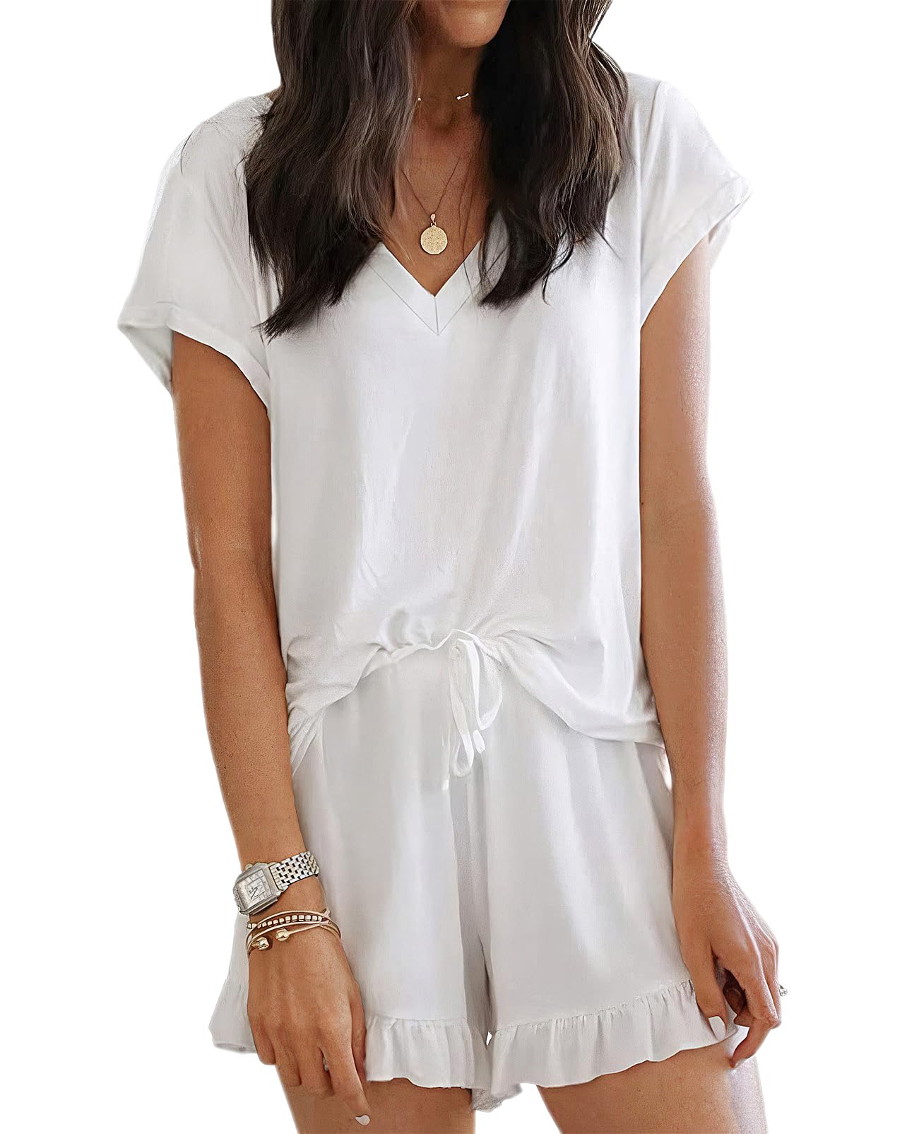 LuckyMore Women's Soft Short Sleeve V-Neck Pajama Set - Breathable Lounge Sleepwear with Comfortable Shorts for Summer Nights & Relaxing at Home