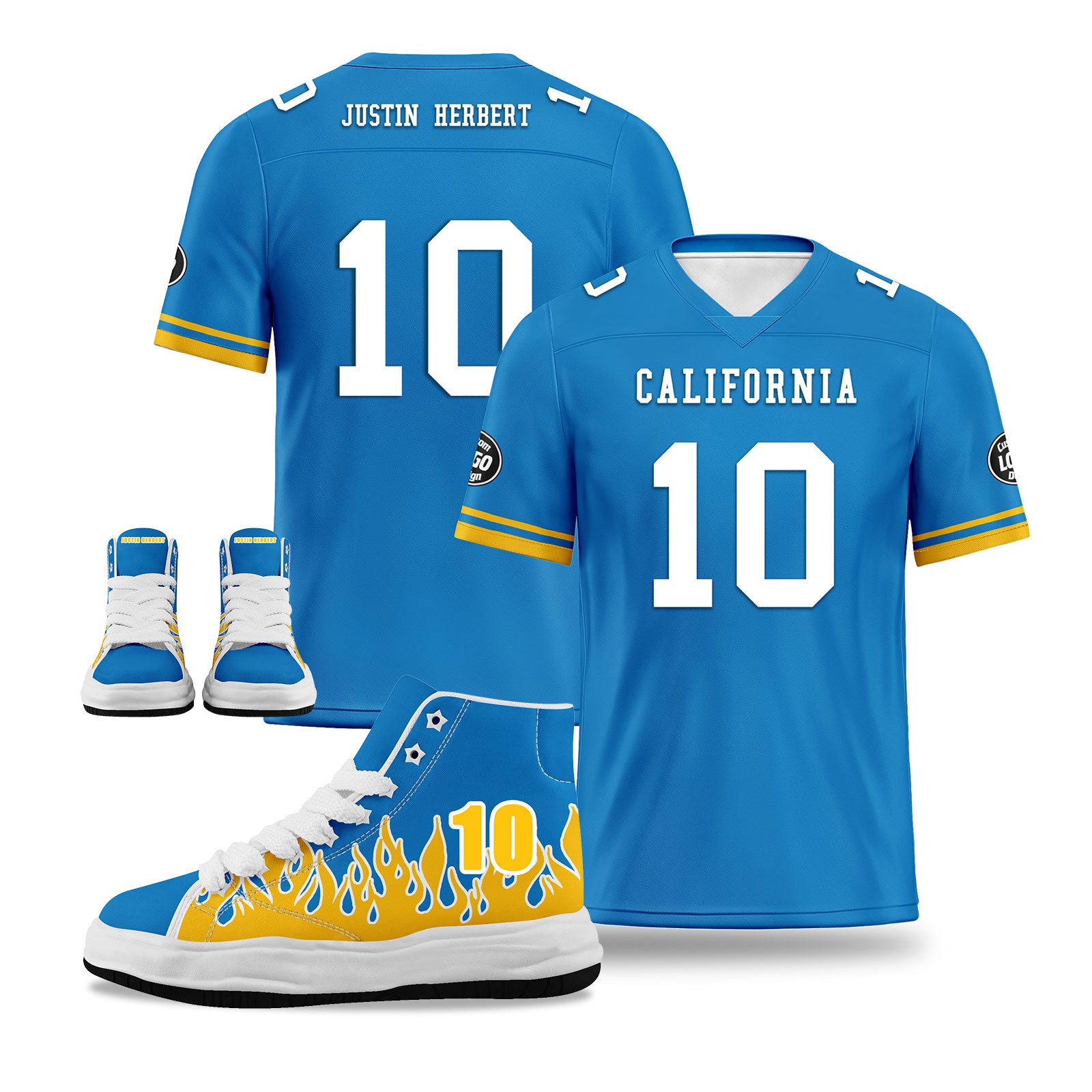 Custom Blue & Yellow Los Angeles Football Jersey with Firesoul Sports Shoes Combo - Personalized Soccer Uniform & Cleats Set for Men - Perfect for Game Day, Training & Fan Support