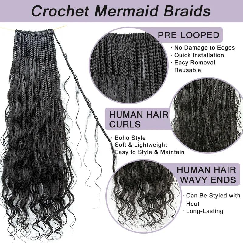 14 Inch Knotless Box Braids with Human Hair - 80 Strands Loose Wave Crochet Braids for Black Women | Pre-Looped Boho Curly Synthetic Braids for Everyday Wear & Protective Styling
