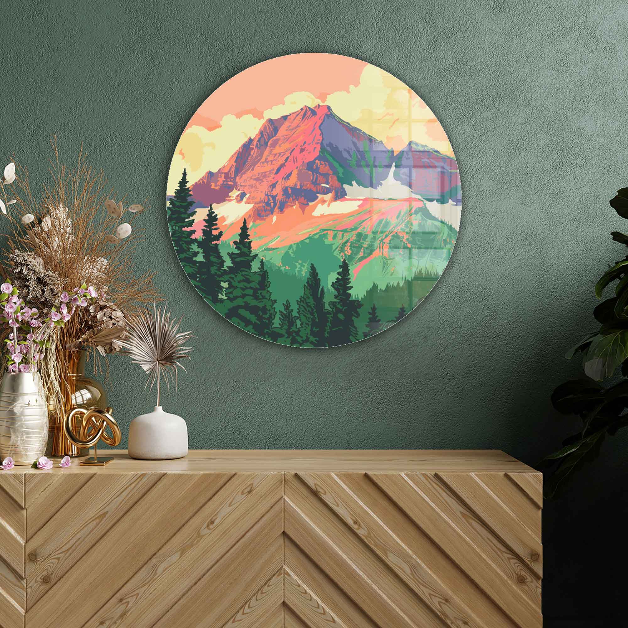 Mountains Illustration Rounded Glass Wall Art - Nature-Inspired Home Decor for Living Room, Bedroom & Office
