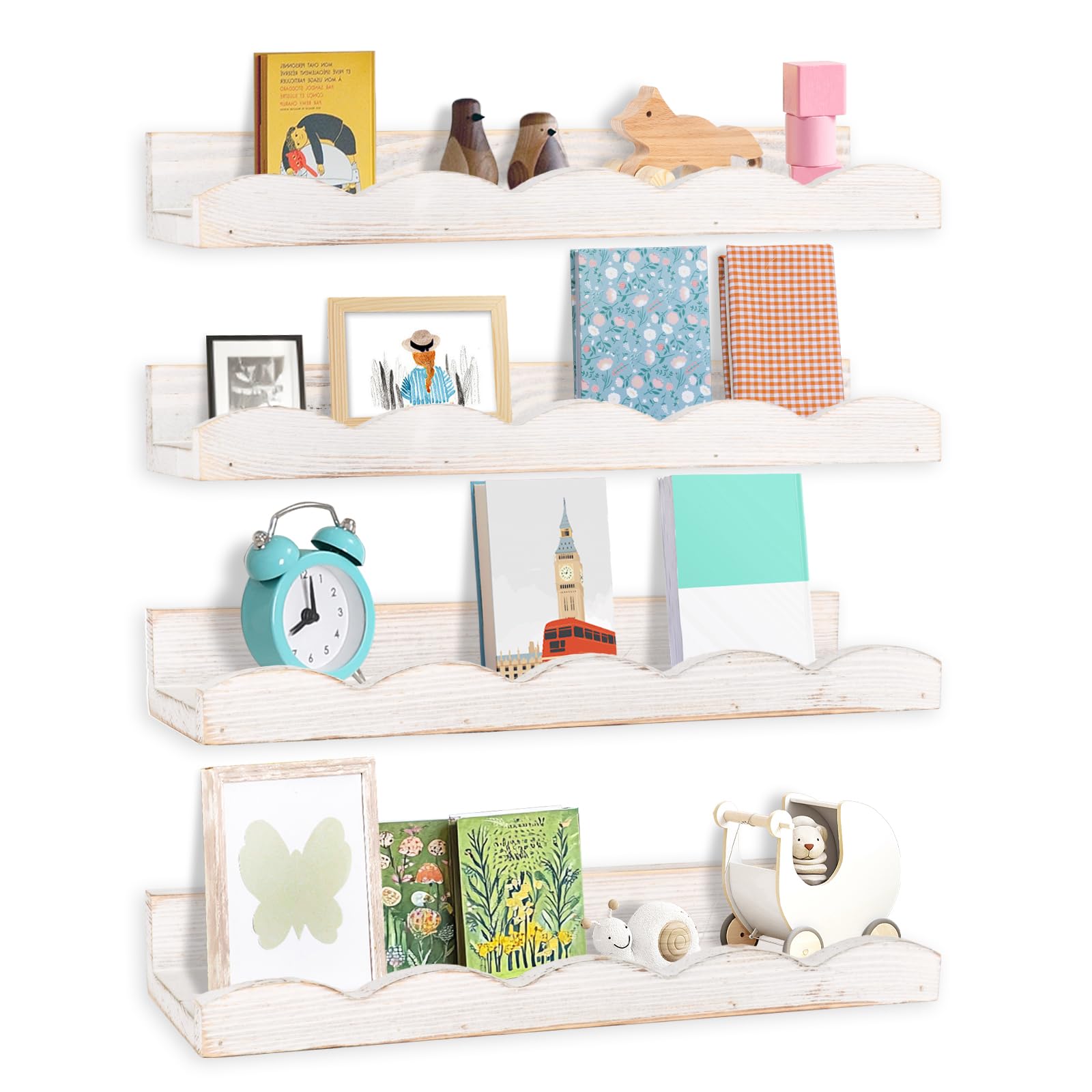LeeQinersw Floating Nursery Book Shelves - White Wall-Mounted Kids Bookshelf Set (4 Pack) - Scalloped Design for Baby Rooms & Playrooms - Perfect for Organizing Children's Books, Toys, and Decor