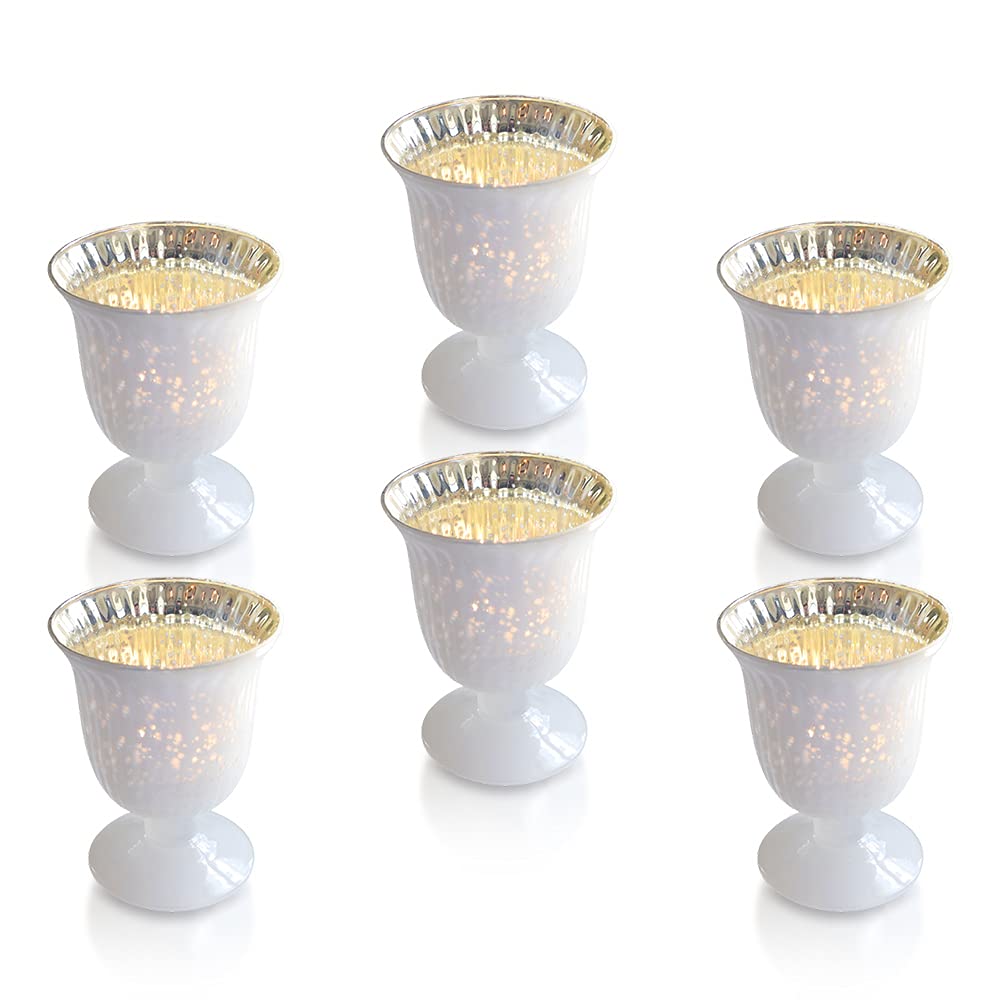 Emma Mercury Glass Urn Candle Holder Set of 6 - Pearl White Tea Light Holders for Home Decor, Wedding Centerpieces & Party Decorations - Elegant Mercury Glass Votive Candleholders for Tablescapes, Mantel Displays & Romantic Ambiance