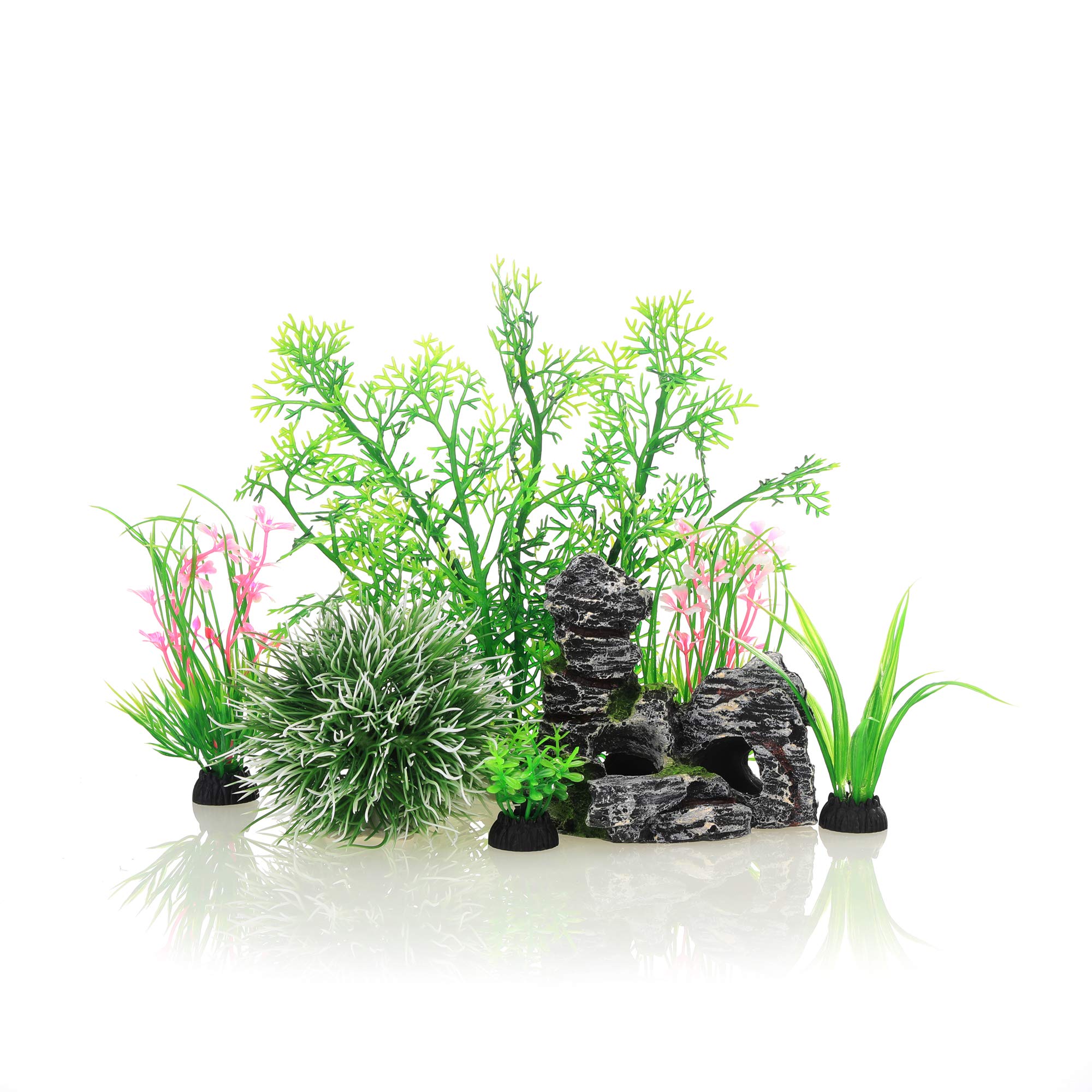 JIH Aquarium Decor Set - 7-Piece Plastic Plants & Cave Rock for Fish Tanks | Small & Large Artificial Plants with Hideout Rock | Perfect for Betta, Goldfish & Tropical Fish Habitats