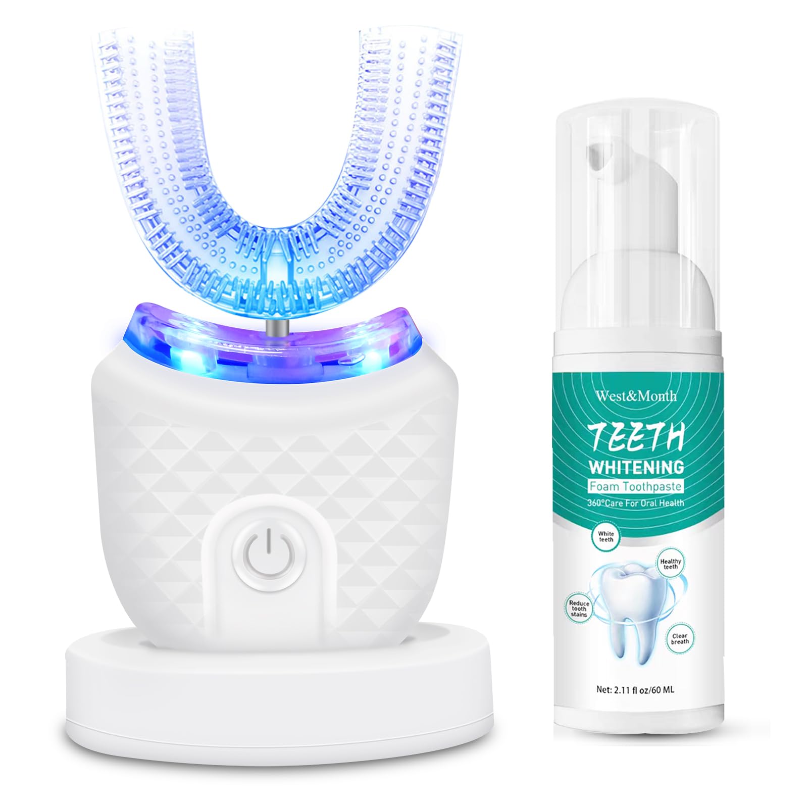 Ultrasonic Electric Toothbrush for Adults - U-Shaped 360° Full Mouth Cleaner with Teeth Whitening, Hands-Free Automatic Toothbrush, Rechargeable & IPX7 Waterproof (White) - Perfect for Travel, Home & Office Use
