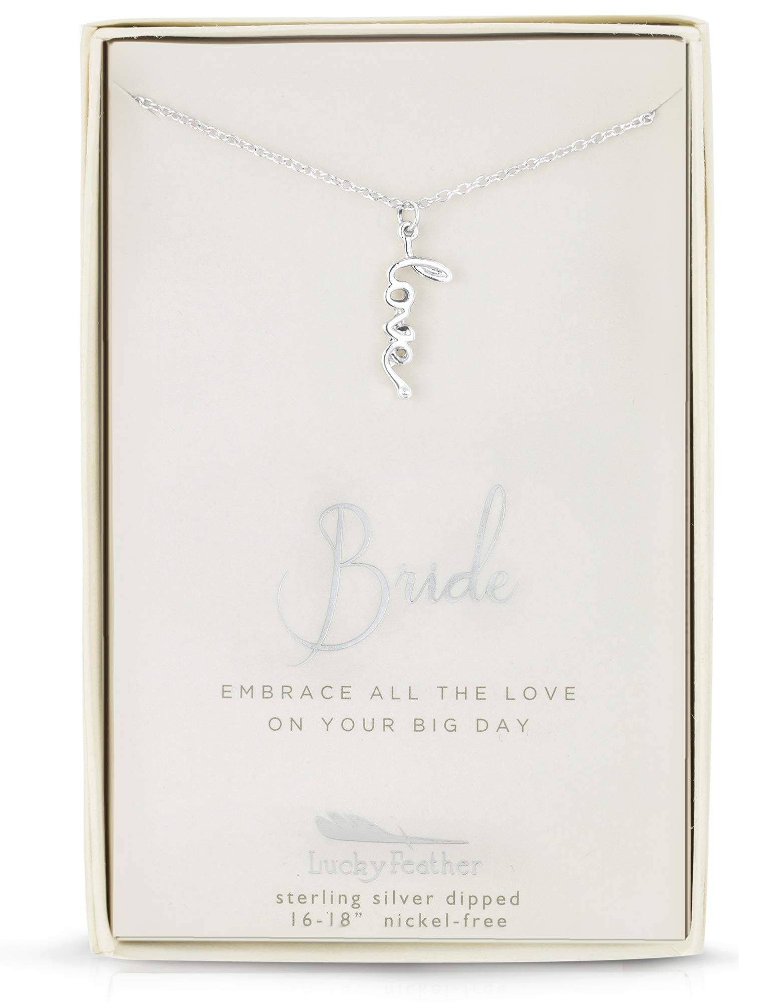 Lucky Feather Sterling Silver Necklace for Bride with Crystal Accent Stone & Adjustable Chain - Perfect for Weddings, Engagements & Special Occasions