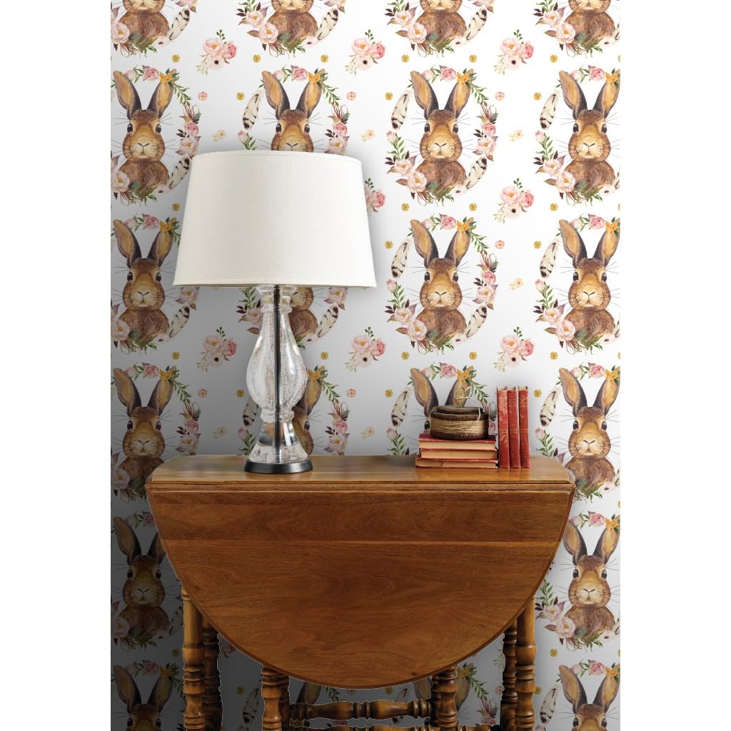 Premium Bunny White Baby Girl Woodland Roses Floral Wallpaper - 27ft x 2ft Commercial Grade Peel & Stick - Perfect for Nursery, Bedroom & Kids Room Decor