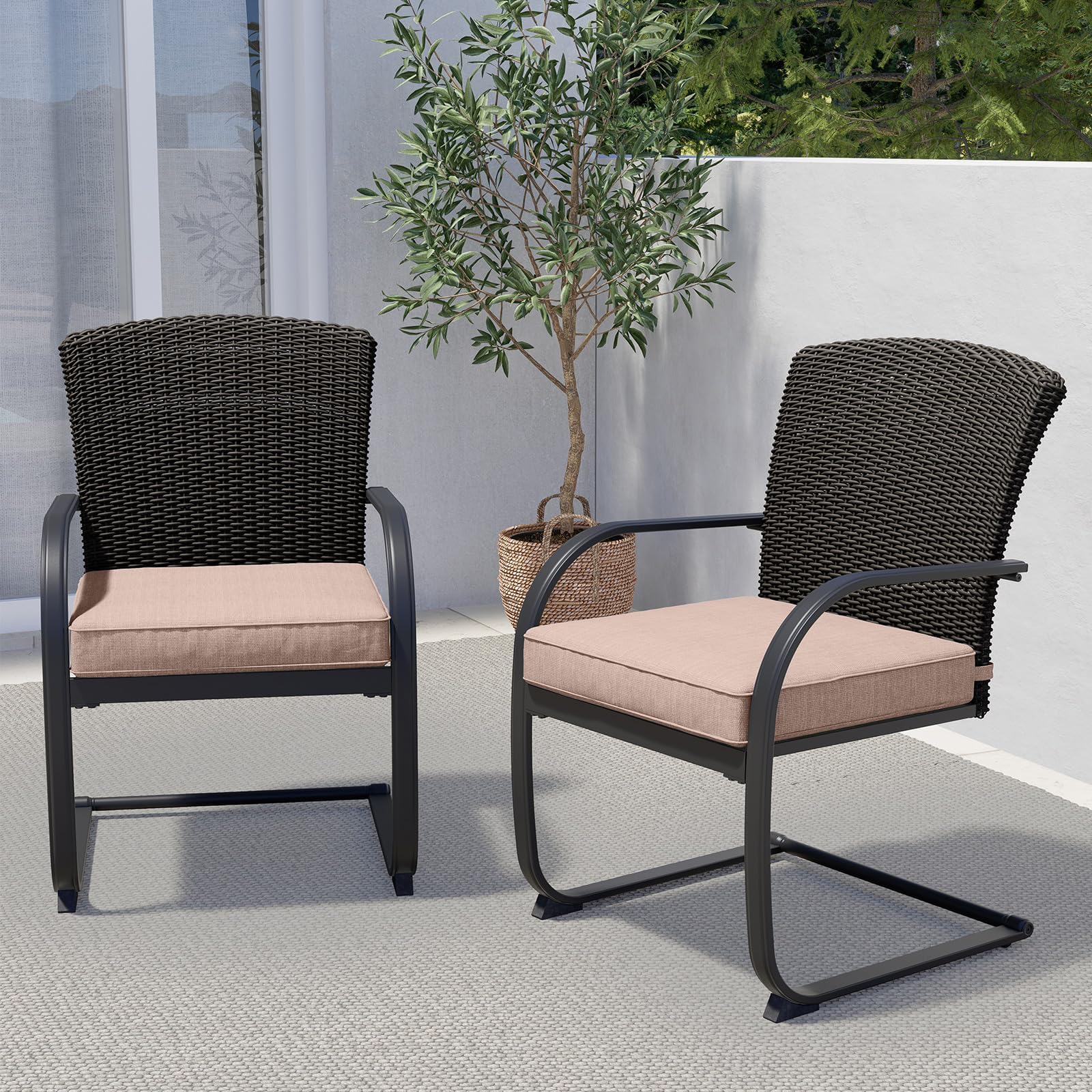 2-Piece Outdoor Wicker Dining Chairs Set with Cushions - Patio Furniture for Garden, Poolside, Backyard & Lawn - Beige Rattan Spring Chairs for Relaxing & Entertaining