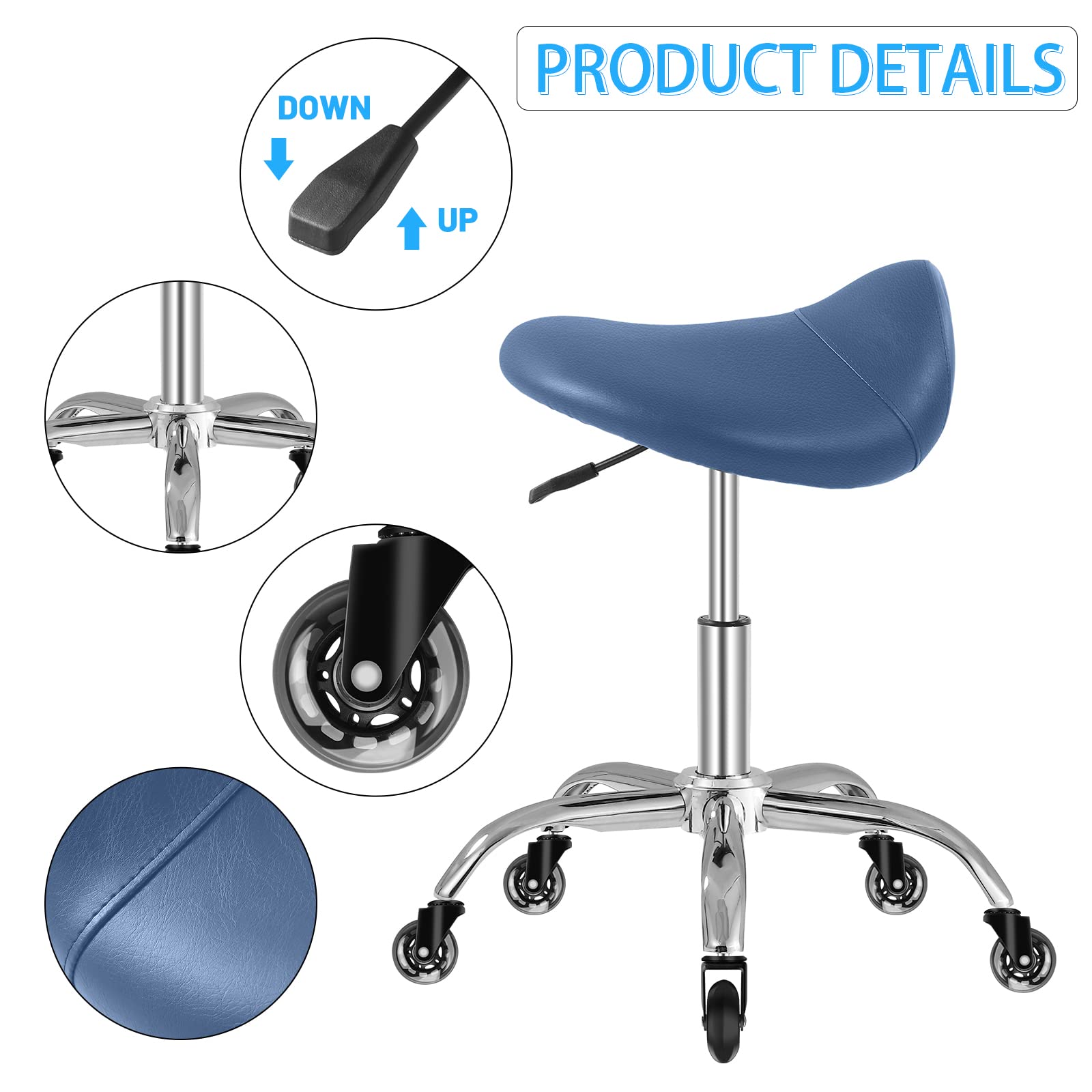 Heavy Duty Rolling Saddle Stool with Wheels - 300 lbs Weight Capacity, Adjustable Height, 360° Swivel & Wide Thick Seat Padding - Perfect for Medical, Massage, Salon, Kitchen, Spa, Drafting & Nail Tech Use (Blue)