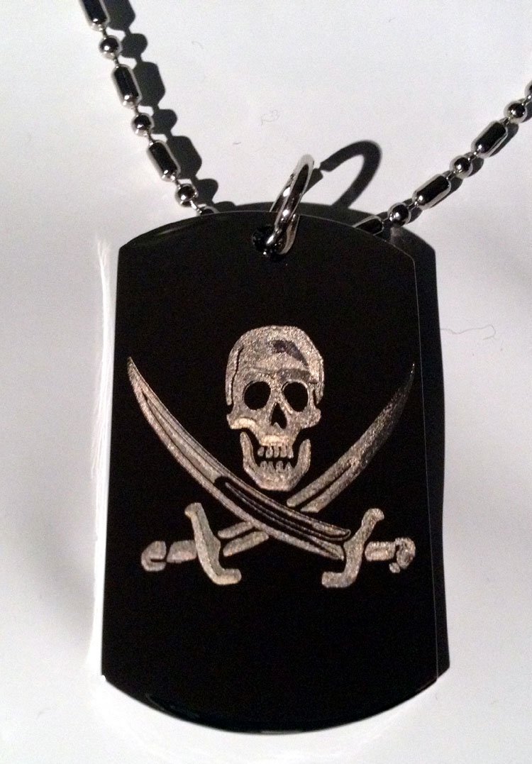 Skull & Crossbones Jolly Roger Pirate Necklace - Military Dog Tag Luggage Keychain with Metal Chain - Perfect for Costume Parties, Halloween & Pirate Themed Events