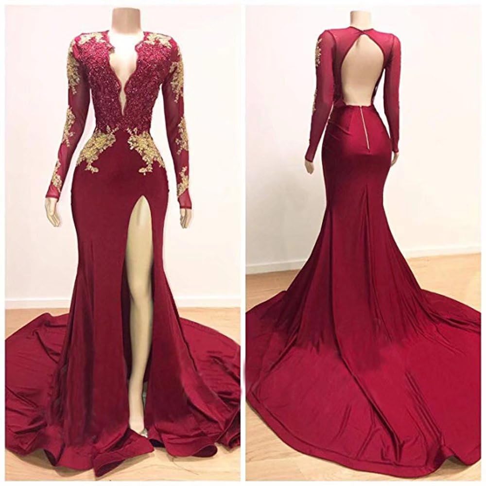 Elegant Mermaid Prom Dress for Women - Long Sleeve Sexy V-Neck Backless Beaded Lace Evening Gown with High Slit | Perfect for Formal Events, Homecoming, Pageants & Special Occasions