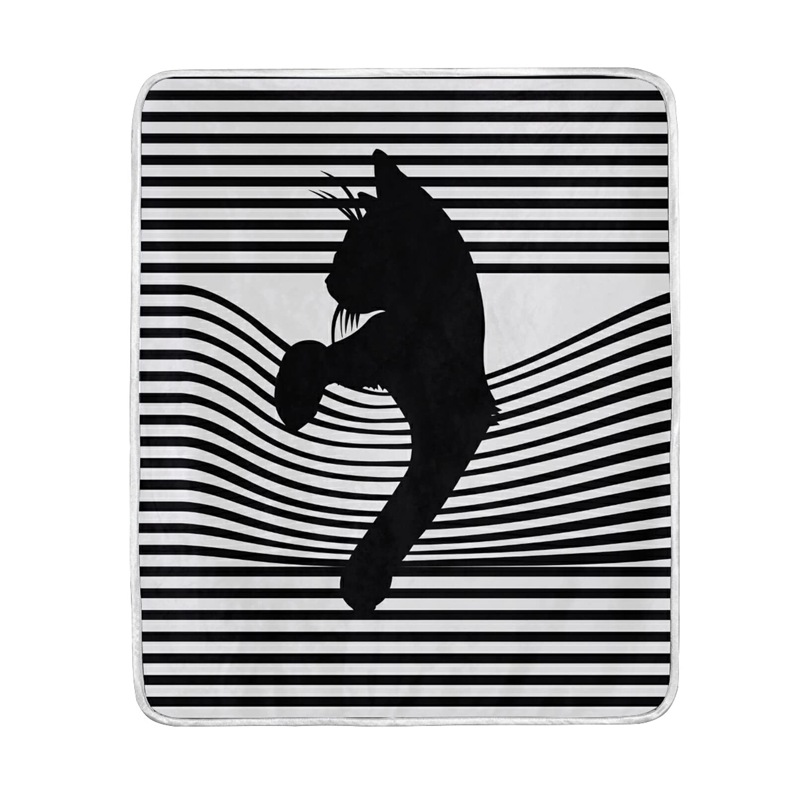 Black Cat Silhouette Fleece Blanket - 60x80 Inch Plush Throw for Sofa, Bed & Travel | Super Soft Cozy Blanket for Camping, Siesta & Home Decor | Striped Design with Ripped Black & White Pattern