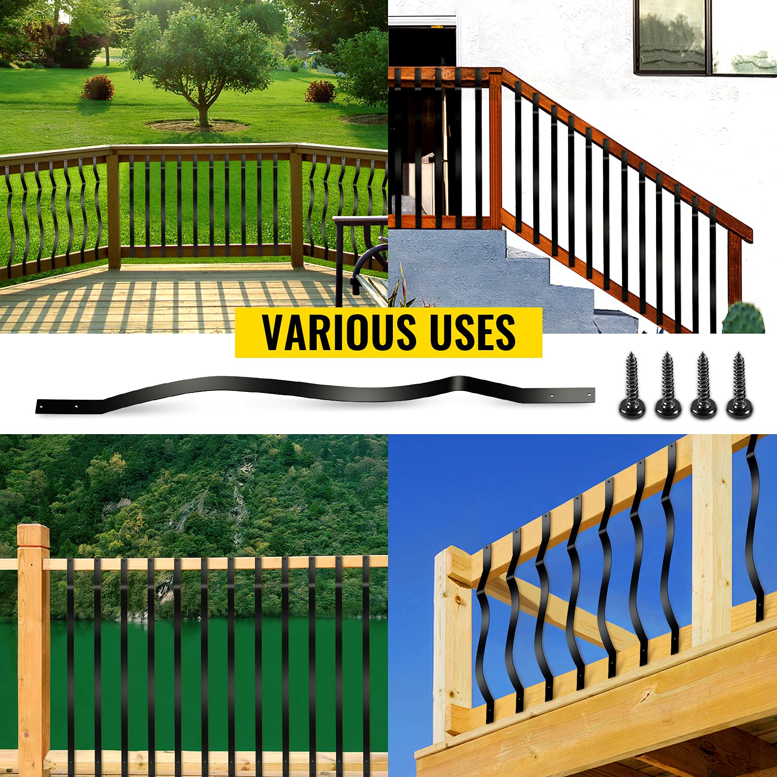 VEVOR 32.25 Inch Wavy Iron Balusters (51 Pack) with Screws - Black Metal Stair Railing for Outdoor Staircase, Deck, Porch | Durable & Decorative Home Exterior Upgrade