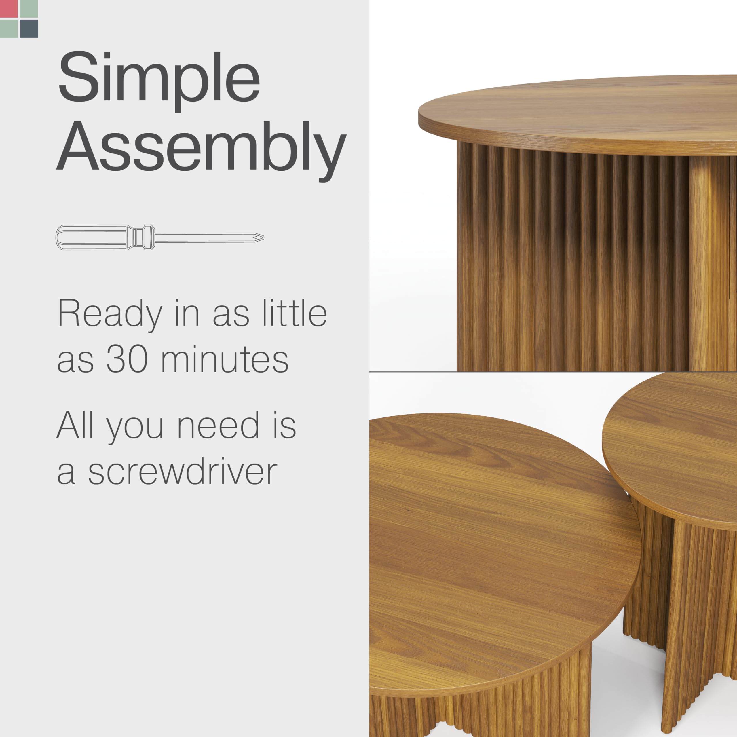 Modern Round Fluted Nesting Coffee Table Set of 2 - Solid Wood Base with Wood Grain Veneer Top in Medium Oak - Stylish Living Room Furniture for Small Spaces - Perfect for Coffee, Books, and Living Room Decor