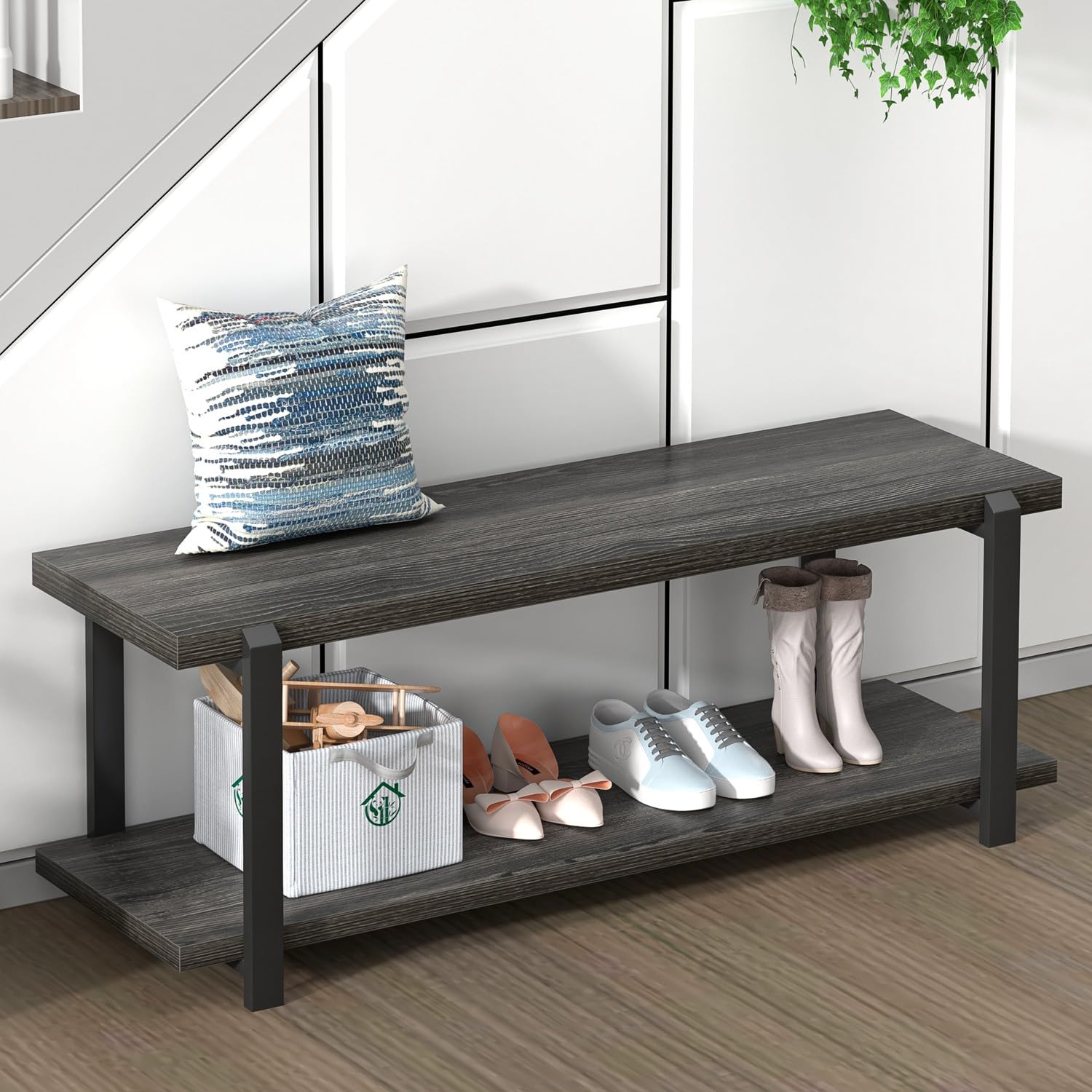 FOLUBAN 47-Inch Shoe Storage Bench with Rustic Wood & Metal Frame - Entryway Bench for Hallway & Front Door - Vintage Shoe Rack & Seating for Bedroom & Living Room (Dark Gray) | Perfect for Small Spaces & Home Organization