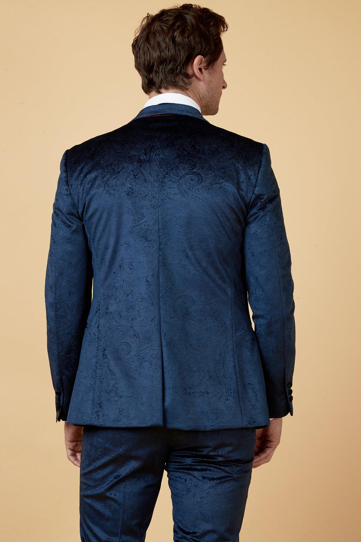 SIMON Velvet Navy Tuxedo Lapel Jacquard Blazer for Men - Formal Evening Wear, Wedding Suit, Prom & Special Occasions