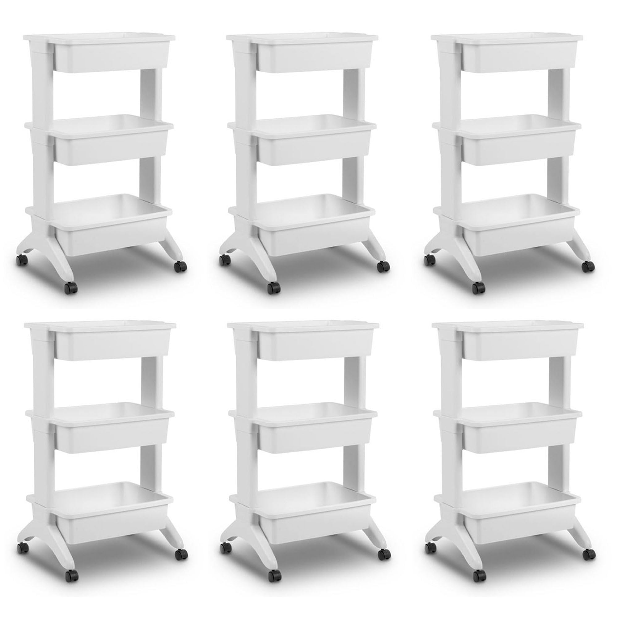 Sterilite 3-Tier Rolling Utility Cart with 360° Wheels - 10 lb Capacity per Tier, White Storage Organizer (6-Pack) - Perfect for Kitchen, Bathroom, Office & Dorm Organization