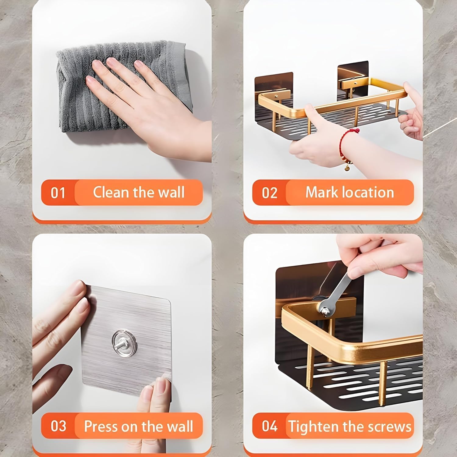Multipurpose Self-Adhesive Aluminum Bathroom Wall Shelf Organizer - Gold (2 Pack) | Space-Saving Storage Rack for Bathroom, Kitchen, Office & Dorm | Holds Toiletries, Cosmetics, Spices & Office Supplies