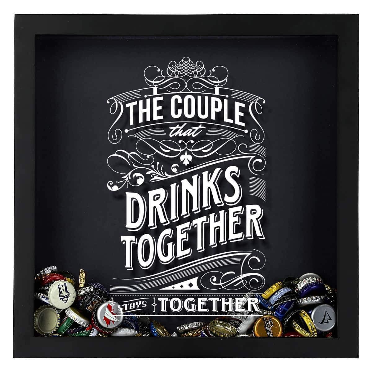 Torched 'The Couple That Drinks Together Stays Together' Beer Cap & Wine Cork Shadow Box Display - Wall Mounted Hanging Frame for Beer & Wine Lovers - Unique Collector's Gift for Men & Women - Perfect for Home Bar, Man Cave or Anniversary Present