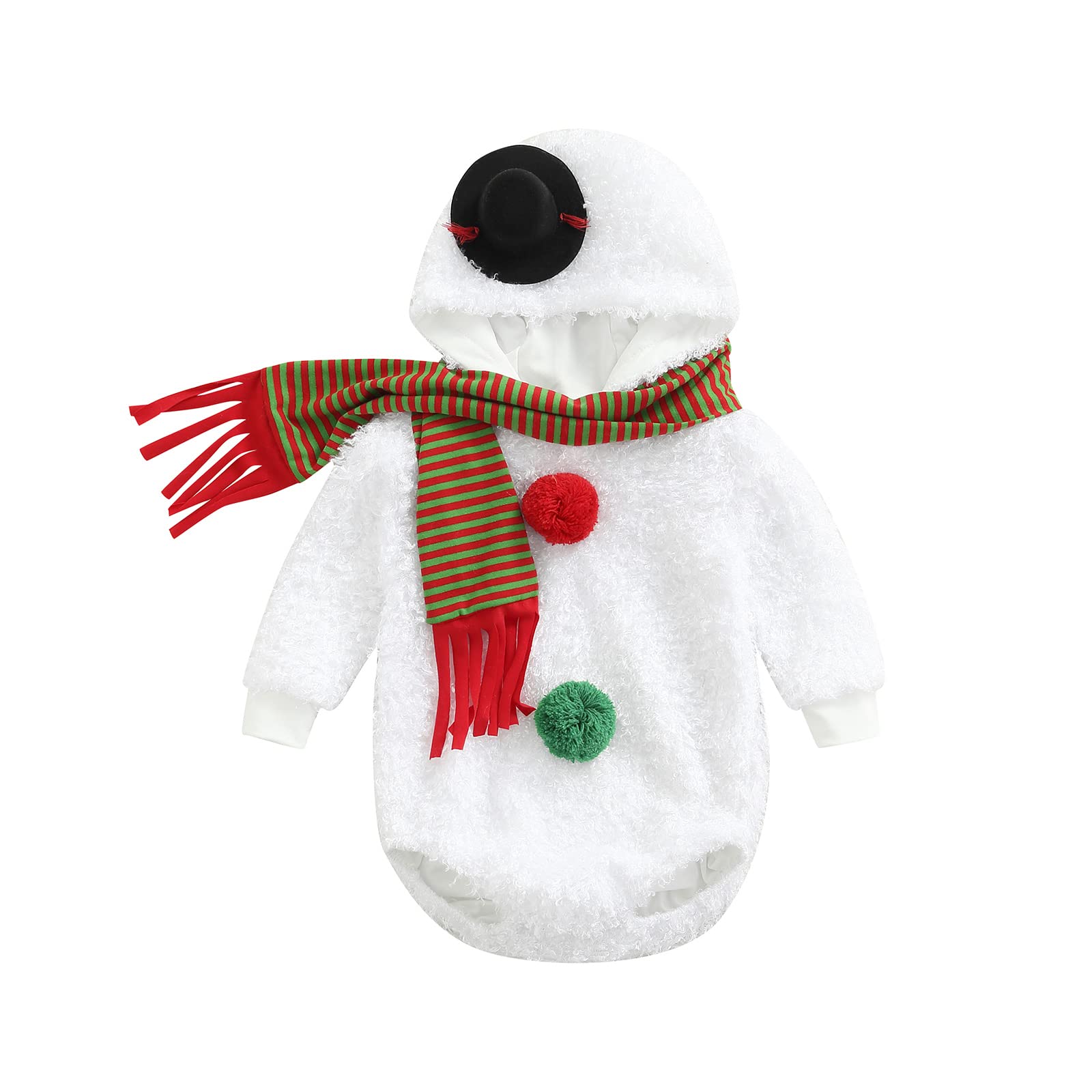 Baby Christmas Snowman Costume - Soft Fuzzy Hoodie Romper Bodysuit with Scarf Set | Winter Holiday Outfit for Infants & Toddlers | Perfect for Christmas Photos, Parties & Family Gatherings