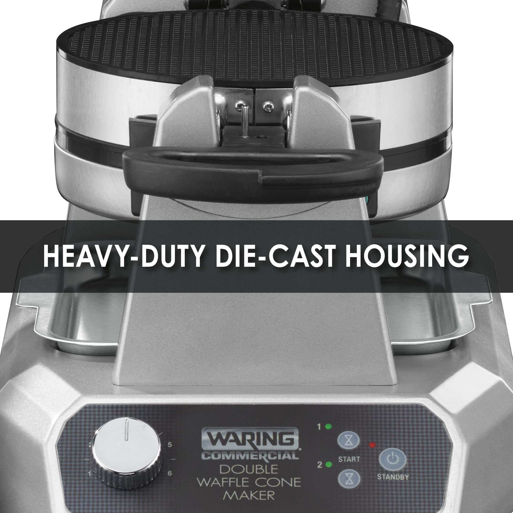 Waring Commercial Double Waffle Cone Maker - Heavy Duty Die Cast Non-Stick Waffle Cone Machine (120 Cones/Hour, 1400W, 120V) - Perfect for Ice Cream Shops, Dessert Bars & Catering Businesses - 18x12x11.25 Inch Silver Countertop Appliance