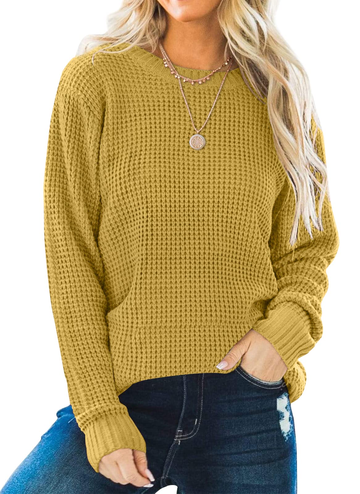 ZESICA Women's Long Sleeve Crew Neck Waffle Knit Sweater - Oversized Casual Pullover Jumper Top for Fall & Winter | Cozy Loose Fit for Daily Wear, Office, Dating & Travel