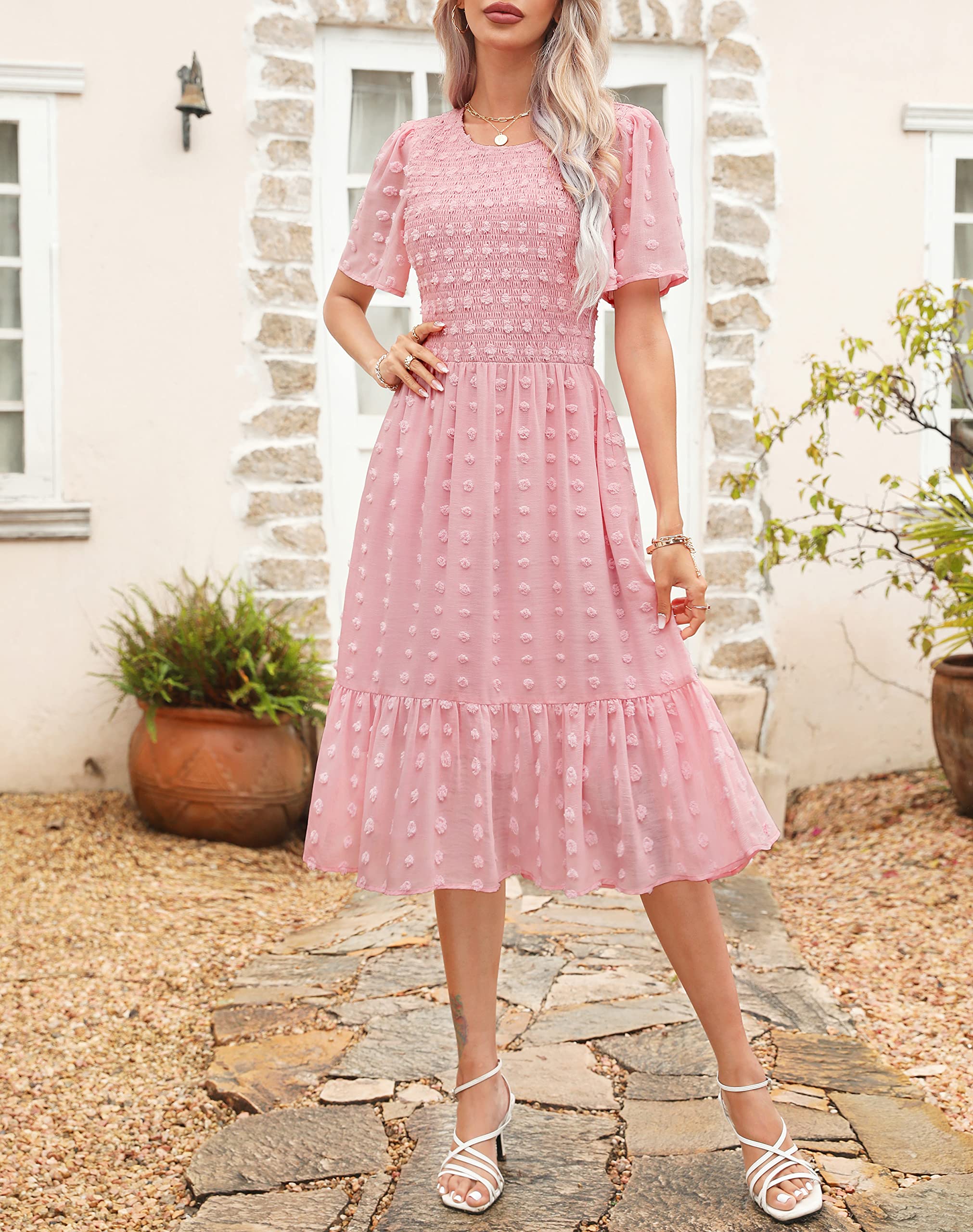 Annebouti Women's Swiss Dot Smocked Midi Dress - Short Sleeve Flowy Wedding Guest Dress for Spring & Summer 2025 | Perfect for Garden Parties, Bridal Showers & Casual Outings