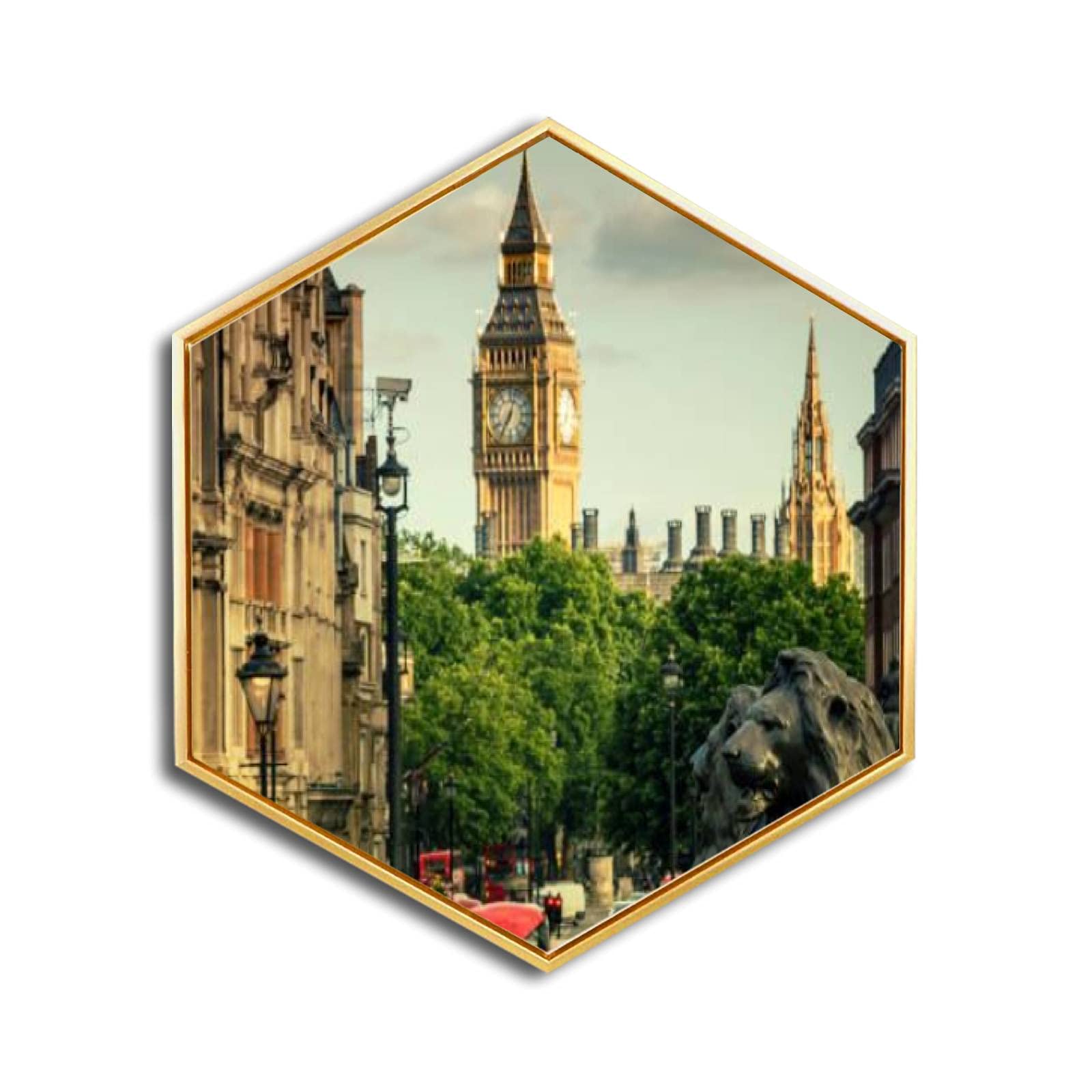 Big Ben & Whitehall London Canvas Wall Art - Golden Framed Giclee Prints, Minimalist Modern Hexagon Decor for Home & Office - Ready to Hang - Perfect for Living Room, Bedroom & Workspace