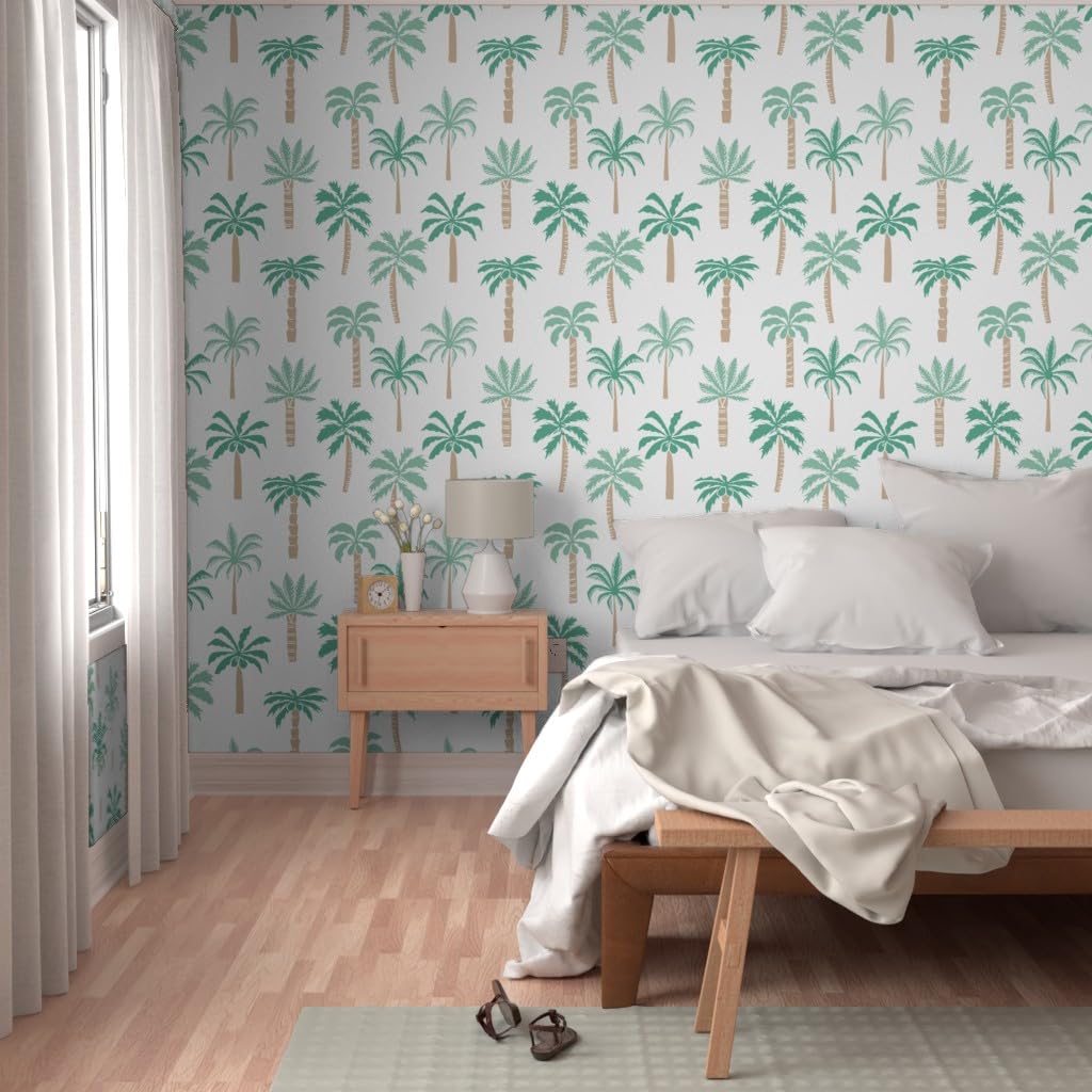 Peel & Stick Wallpaper Swatch - Tropical Aqua Palm Tree Design, Summer Beach Ocean Island Jungle Theme, Custom Removable Wallpaper by Spoonflower | Perfect for Nursery, Bathroom, and Home Decor